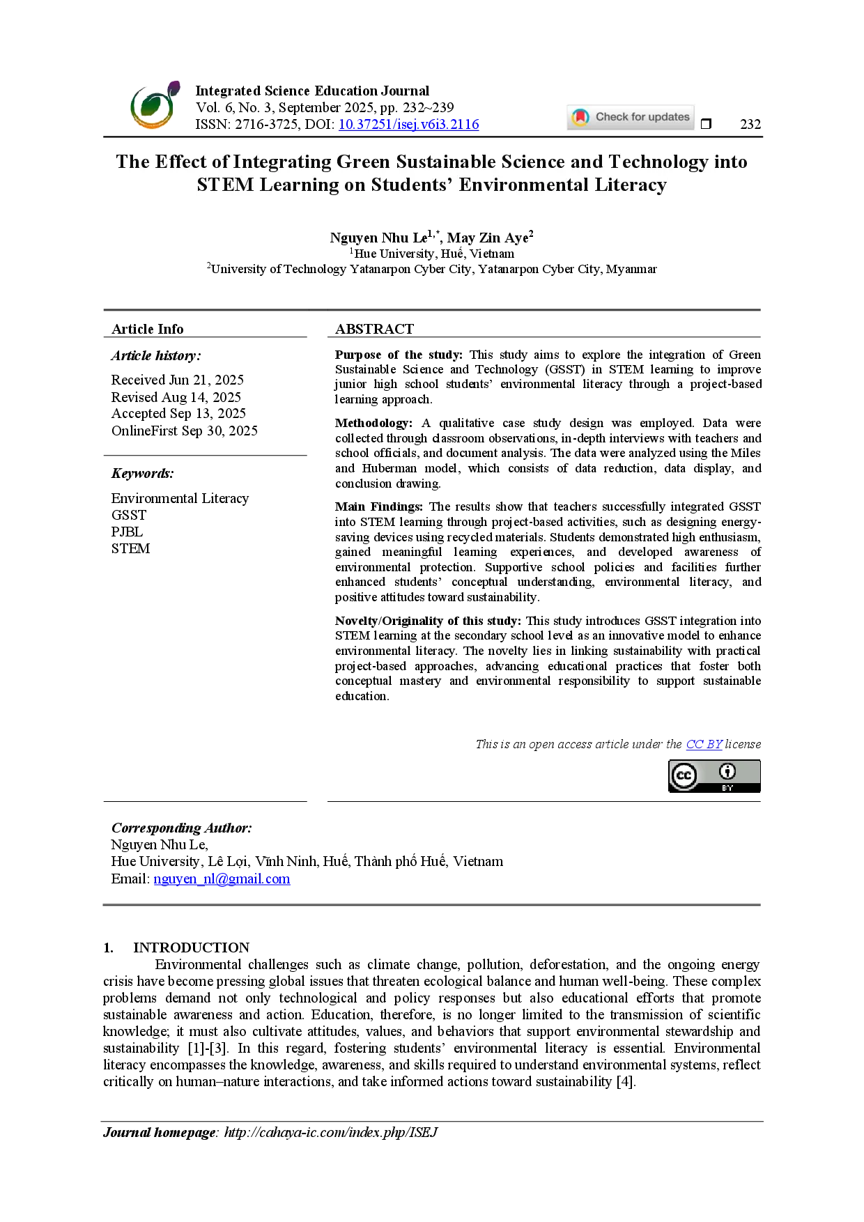 juris The Effect of Integrating Green Sustainable Science and Technology into STEM Learning on Students Environmental Literacy