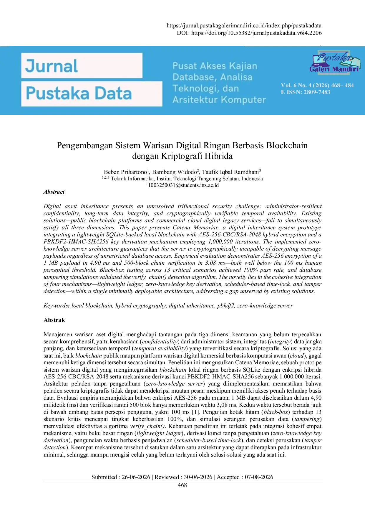 JURIS Pengembangan Sistem Warisan Digital Ringan Berbasis Blockchain dengan Kriptografi Hibrida