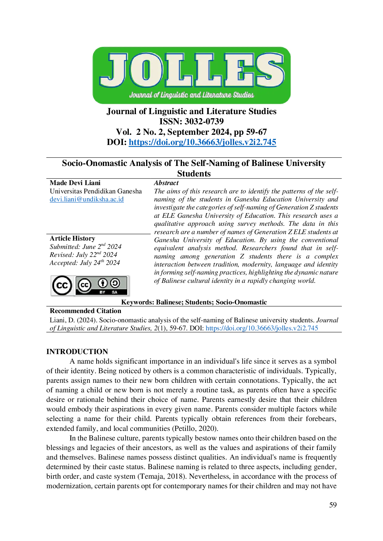 JURIS Socio Onomastic Analysis of The Self Naming of Balinese University Students