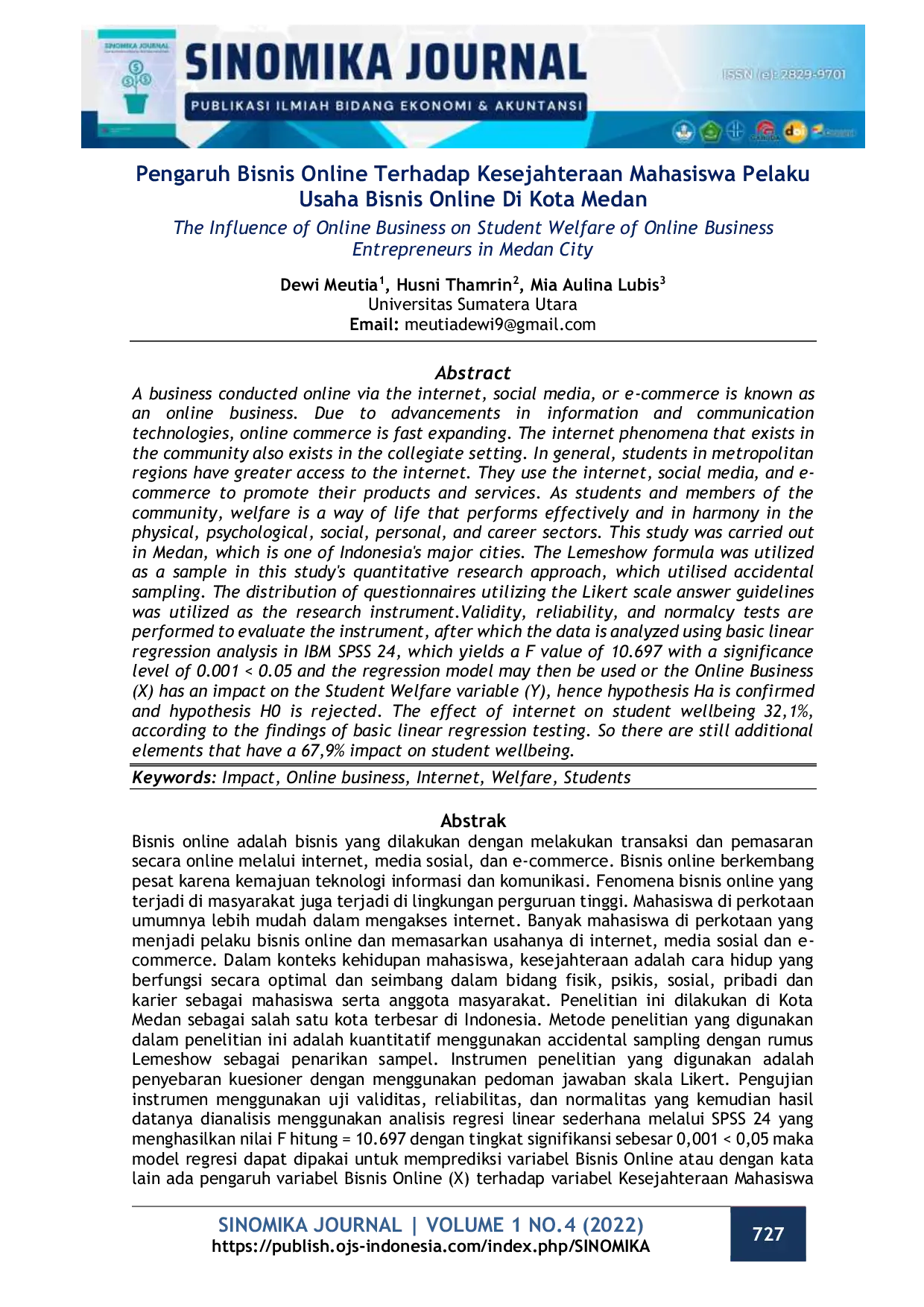 JURIS Pengaruh Bisnis Online Terhadap Kesejahteraan Mahasiswa Pelaku Usaha Bisnis Online Di Kota Medan