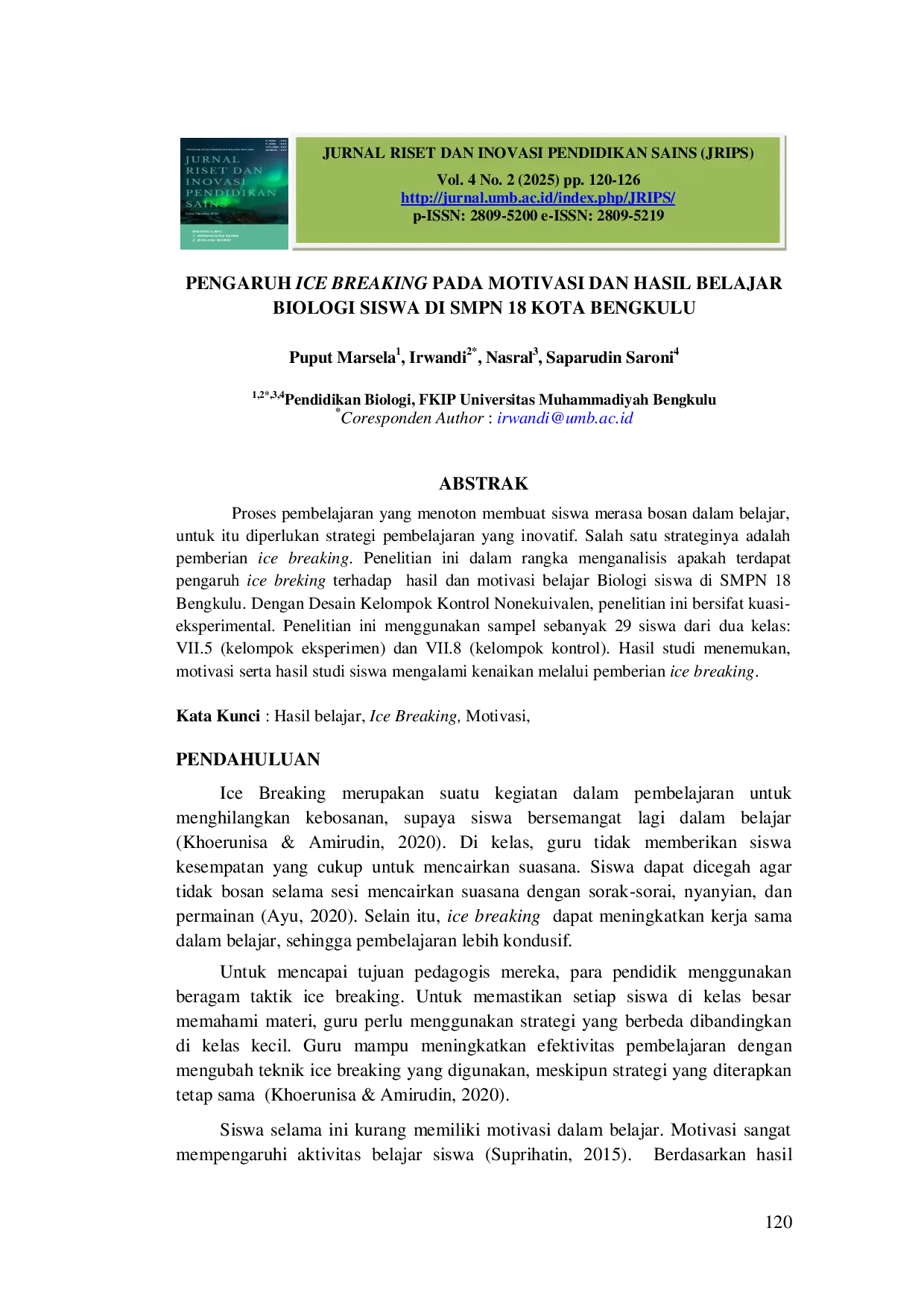 JURIS Pengaruh Ice Breaking Pada Motivasi dan Hasil Belajar Biologi Siswa di SMPN 18 Kota Bengkulu