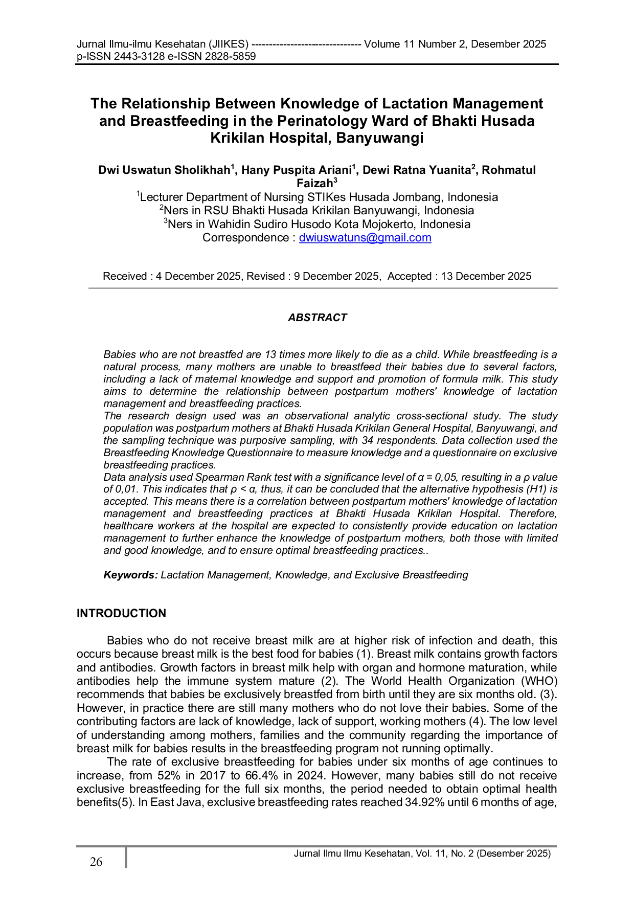 JURIS The Relationship Between Knowledge of Lactation Management and Breastfeeding in the Perinatology Ward of Bhakti Husada Krikilan Hospital Banyuwangi