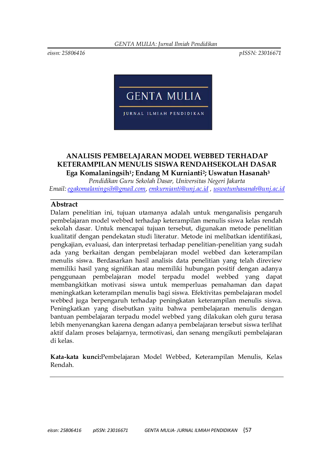 JURIS Analisis Pembelajaran Model Webbed Terhadap Keterampilan Menulis Siswa Rendah Sekolah Dasar