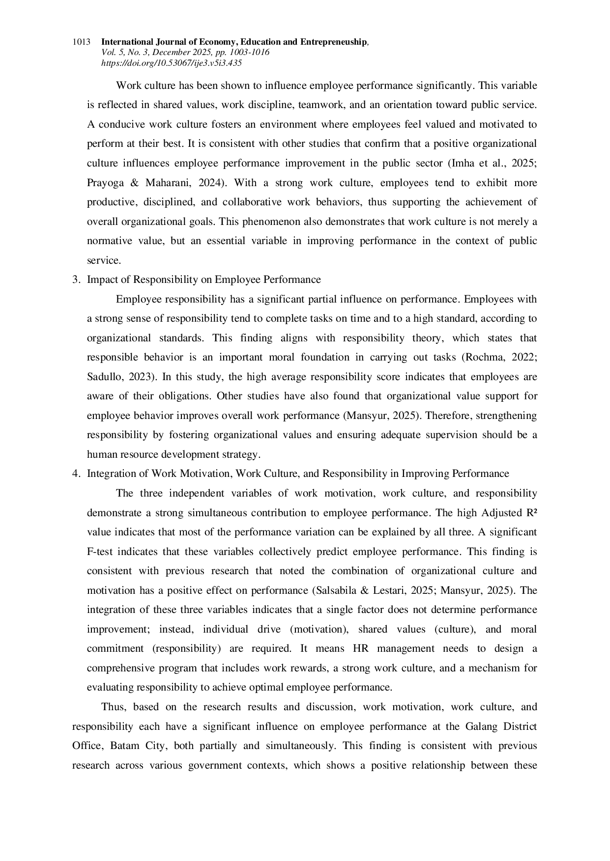JURIS The Effect of Work Motivation Work Culture and Responsibility on Employee Performance at the Galang Sub District Office in Batam