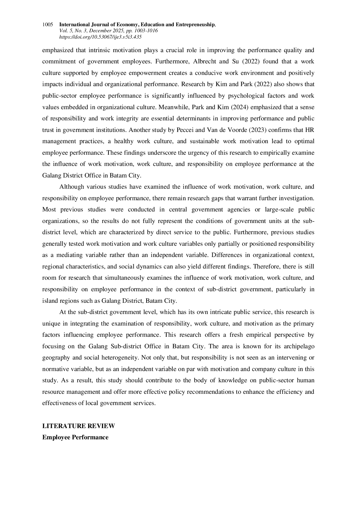JURIS The Effect of Work Motivation Work Culture and Responsibility on Employee Performance at the Galang Sub District Office in Batam