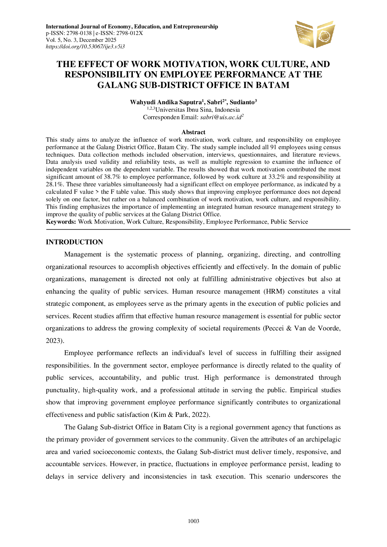 JURIS The Effect of Work Motivation Work Culture and Responsibility on Employee Performance at the Galang Sub District Office in Batam