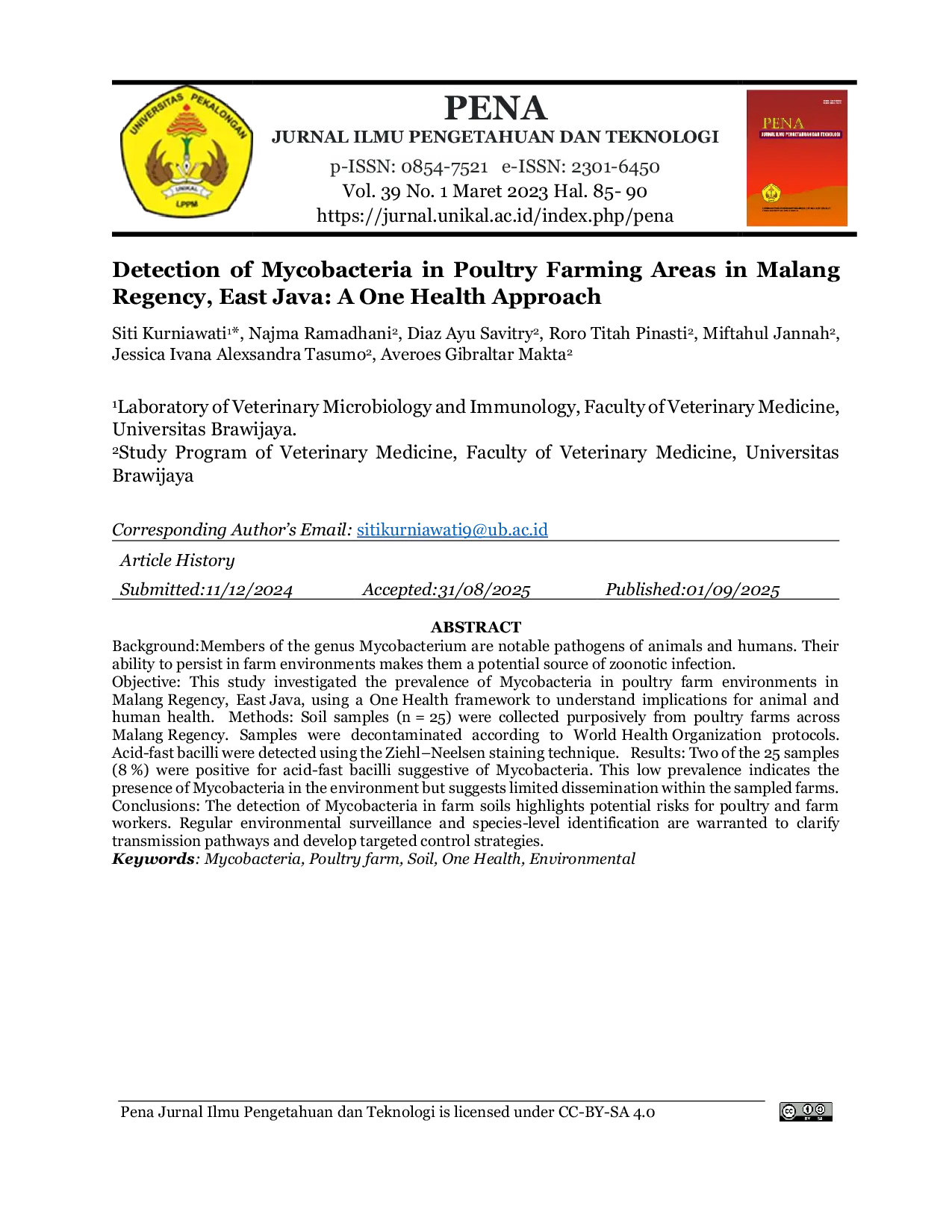 JURIS Detection of Mycobacteria in Poultry Farming Areas in Malang Regency East Java A One Health Approach