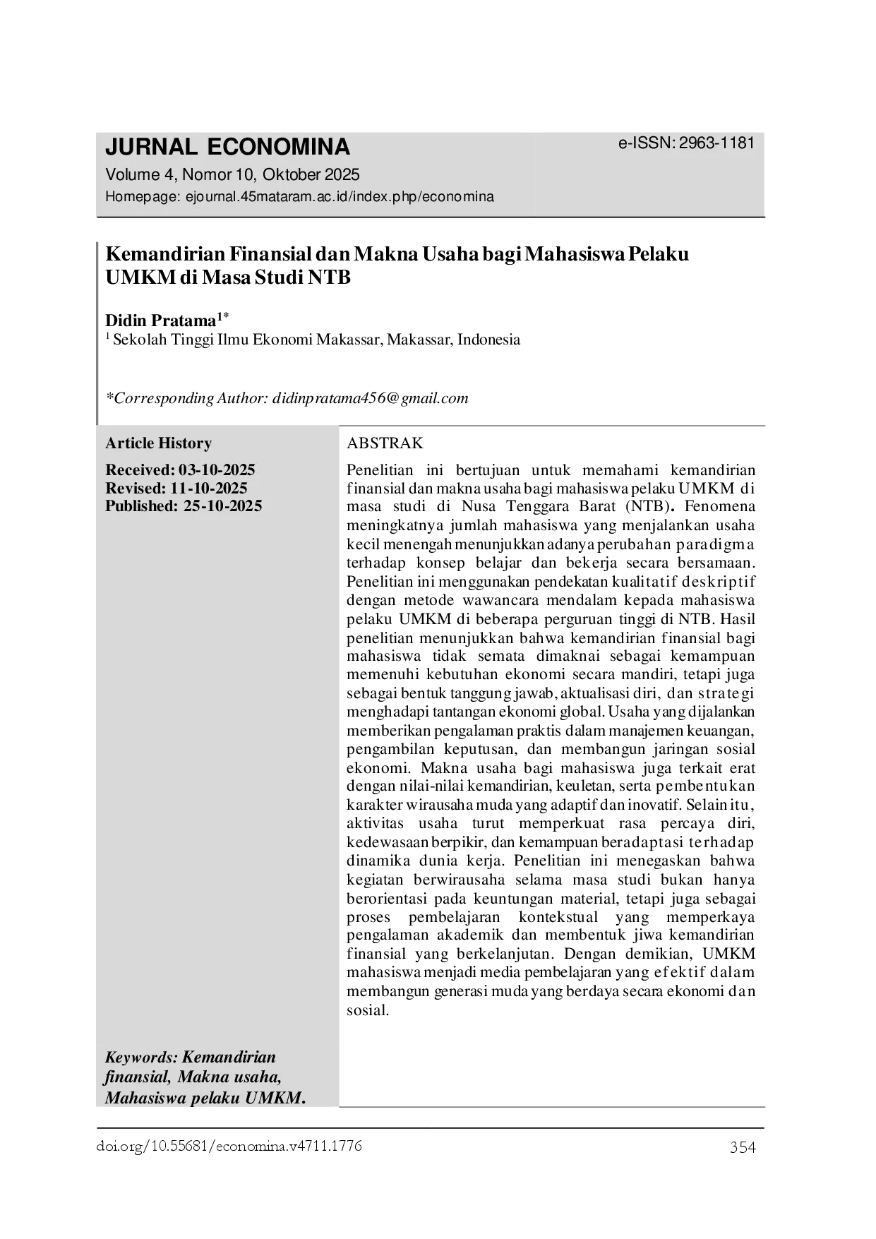 JURIS Kemandirian Finansial dan Makna Usaha bagi Mahasiswa Pelaku UMKM di Masa Studi NTB