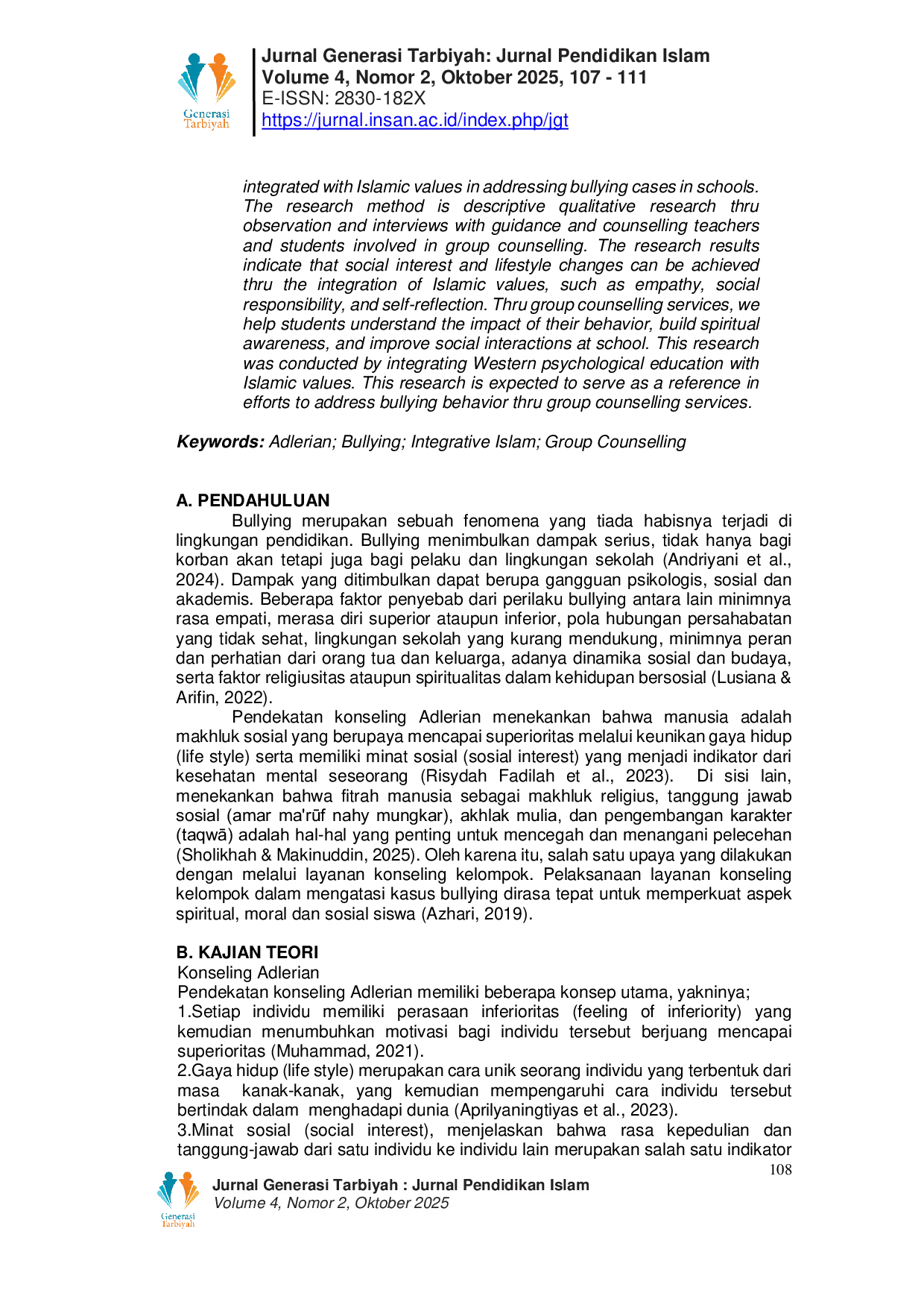 JURIS Implementasi Konseling Kelompok Adlerian Integratif Islam dalam Penangganan Kasus Bullying di SMPN 1 Tilatang Kamang Kabupaten Agam