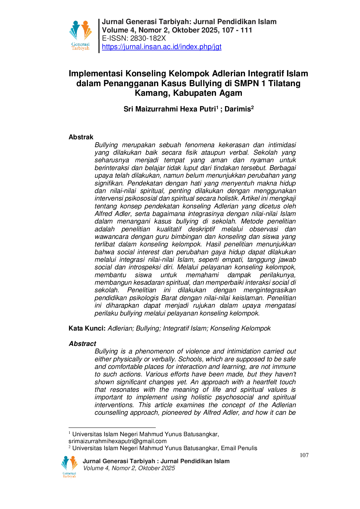 JURIS Implementasi Konseling Kelompok Adlerian Integratif Islam dalam Penangganan Kasus Bullying di SMPN 1 Tilatang Kamang Kabupaten Agam