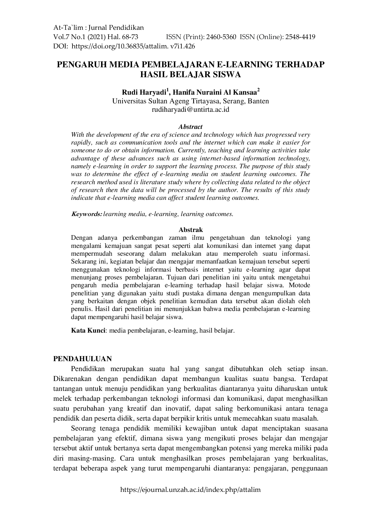 JURIS Pengaruh Media Pembelajaran E Learning Terhadap Hasil Belajar Siswa