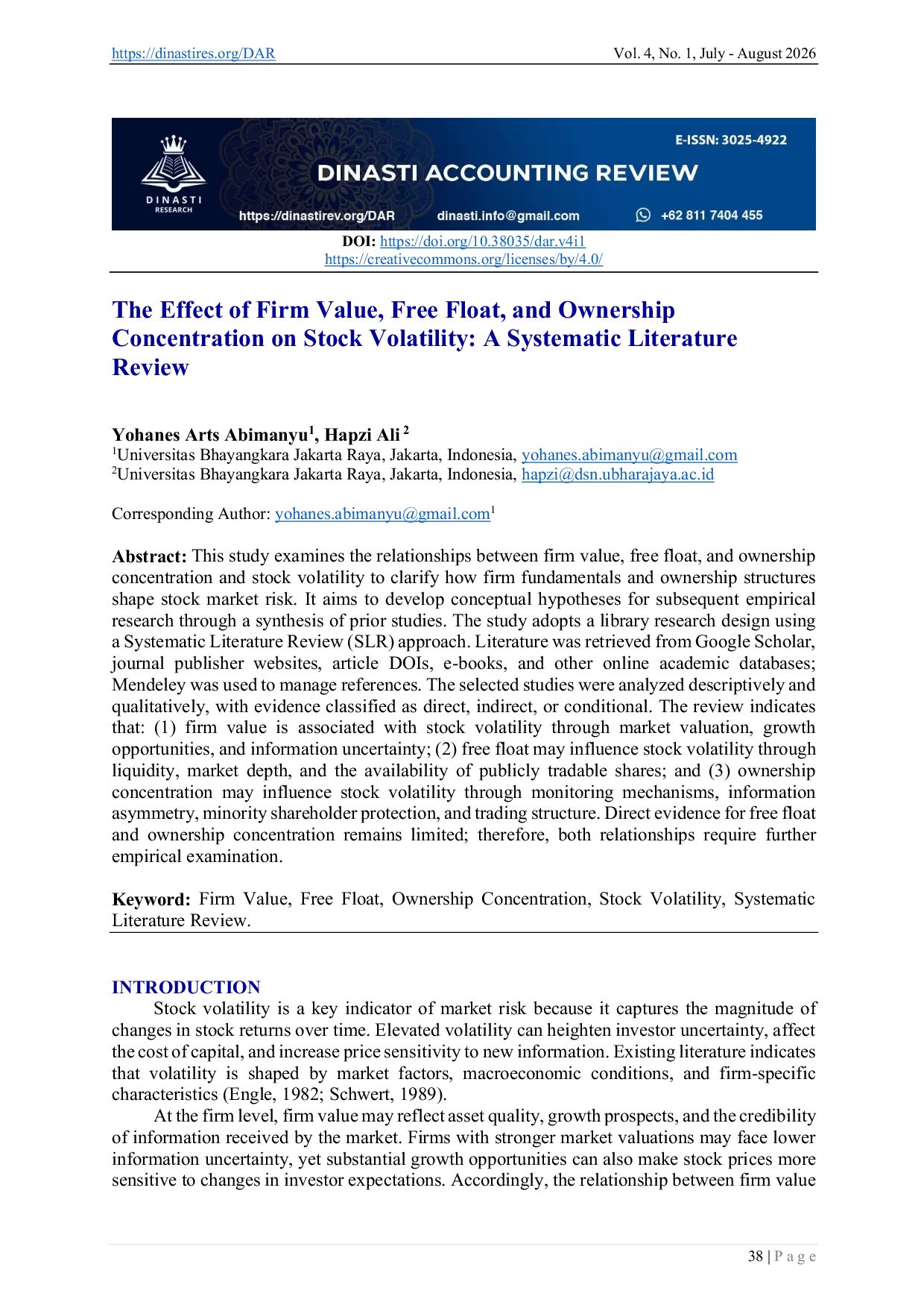 JURIS The Effect of Firm Value Free Float and Ownership Concentration on Stock Volatility A Systematic Literature Review