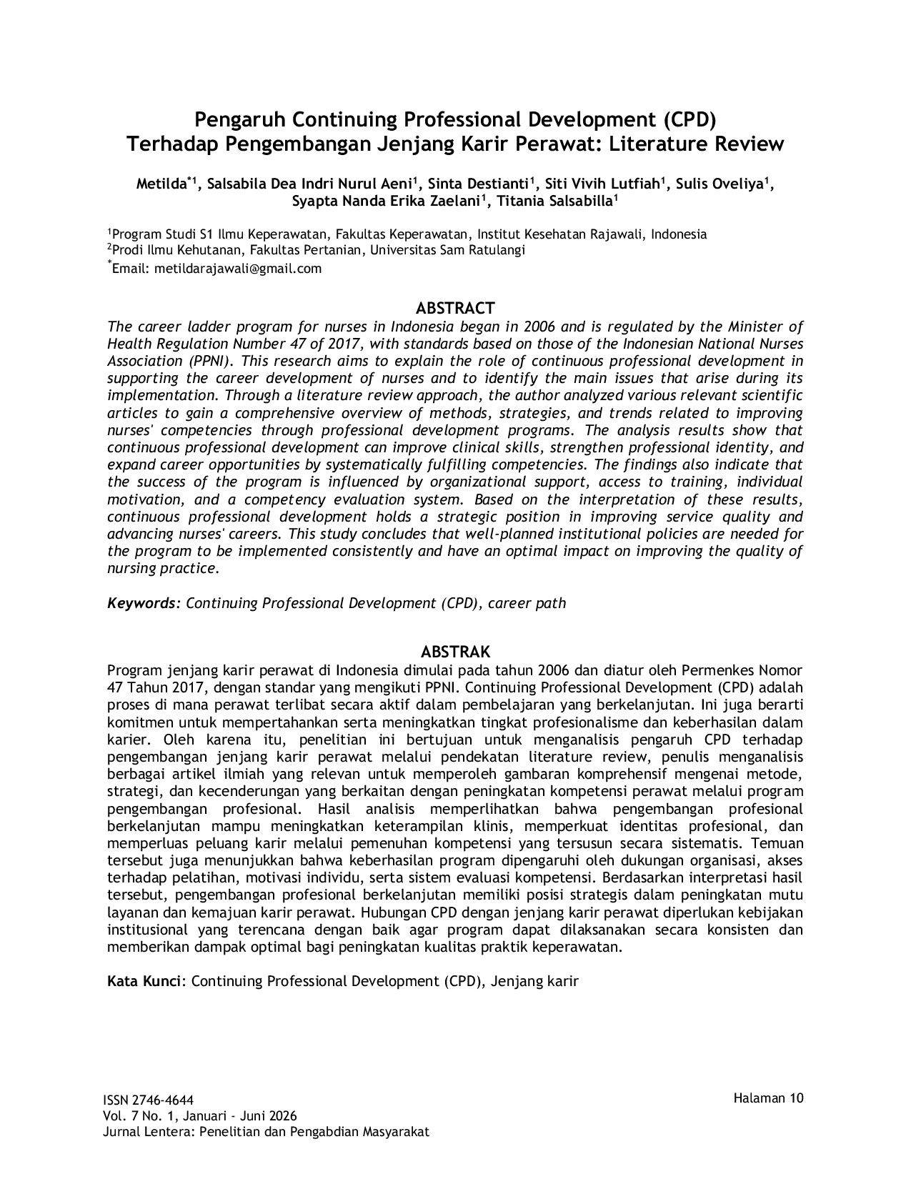 JURIS Pengaruh Continuing Professional Development CPD Terhadap Pengembangan Jenjang Karir Perawat Literature Review