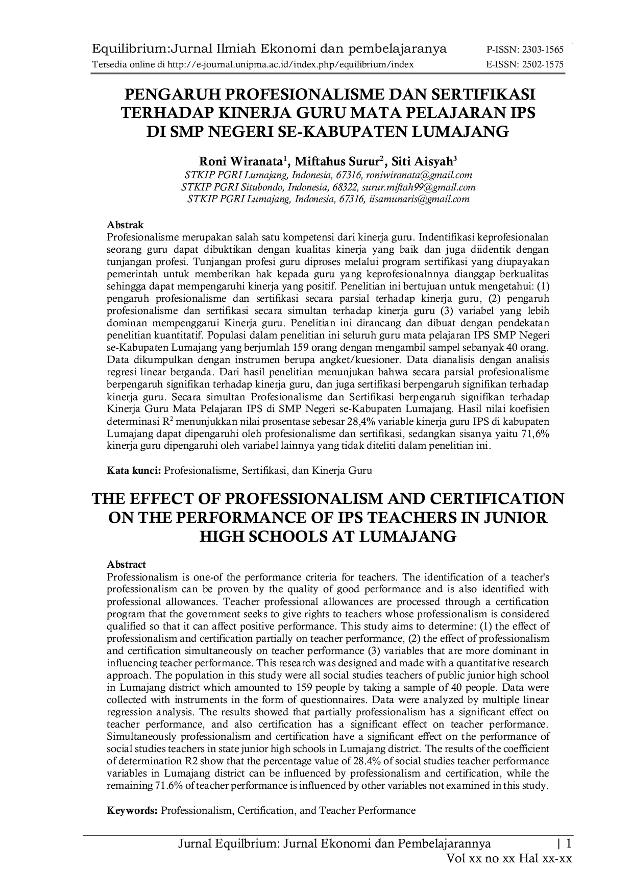JURIS Pengaruh profesionalisme dan sertifikasi terhadap kinerja guru mata pelajaran IPS di SMP Negeri Se Kabupaten Lumajang