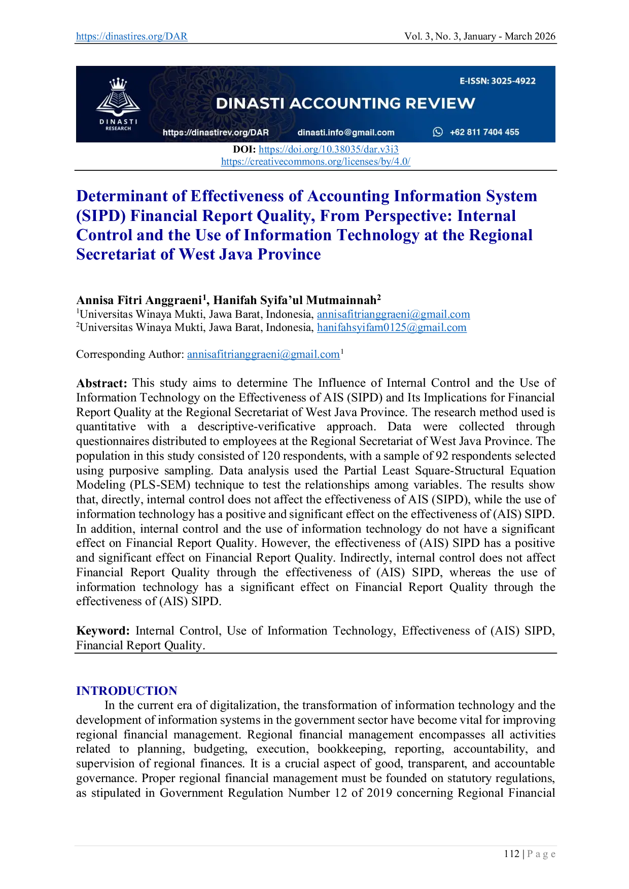 JURIS Determinant Of Effectiveness Of Accounting Information System Sipd Financial Report Quality From Perspective Internal Control And The Use Of Information Technology At The Regional Secretariat Of W