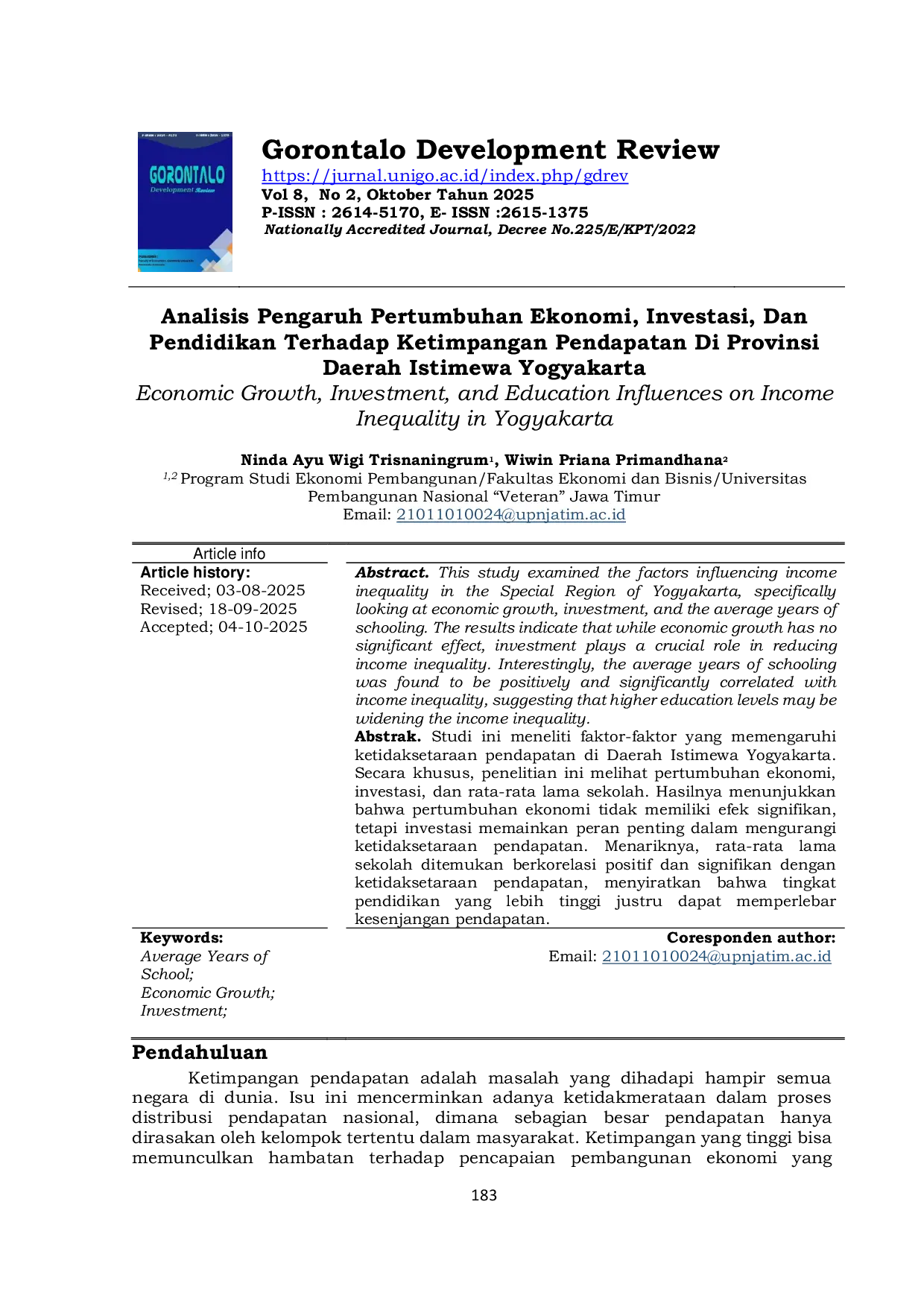 JURIS Economic Growth Investment and Education Influences on Income Inequality in Yogyakarta
