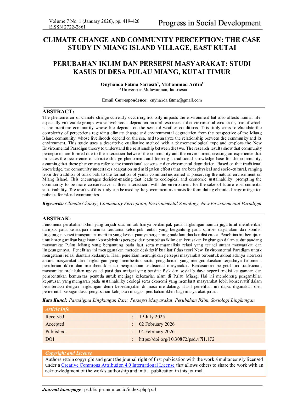 JURIS Perubahan Iklim Dan Persepsi Masyarakat Studi Kasus Di Desa Pulau Miang Kutai Timur