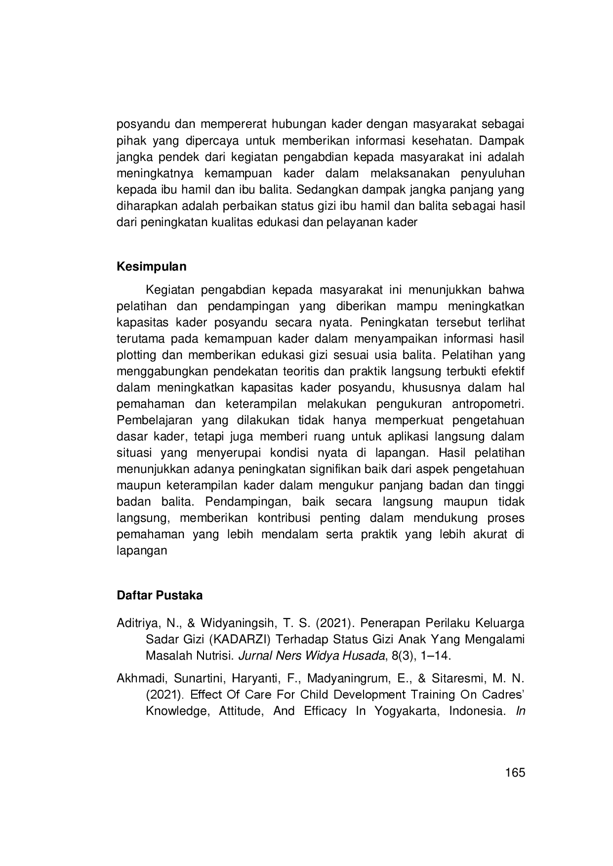 JURIS Pelatihan dan Pendampingan Kader Gizi Sebagai Upaya Peningkatan Status Gizi Anak Balita