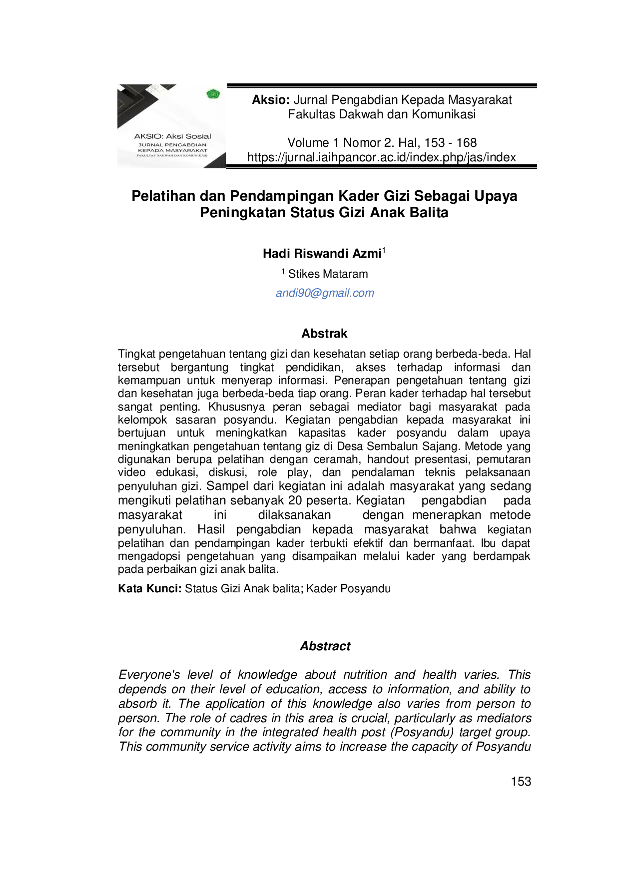 juris Pelatihan dan Pendampingan Kader Gizi Sebagai Upaya Peningkatan Status Gizi Anak Balita