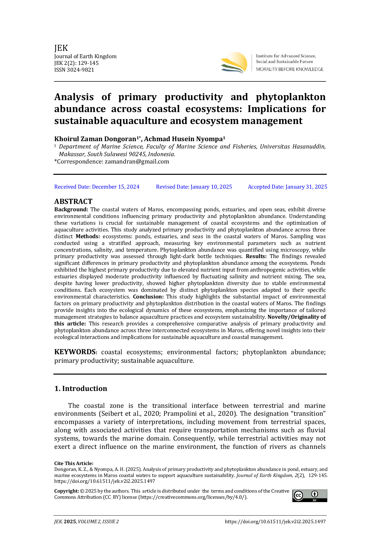 JURIS Analysis of primary productivity and phytoplankton abundance across coastal ecosystems Implications for sustainable aquaculture and ecosystem management