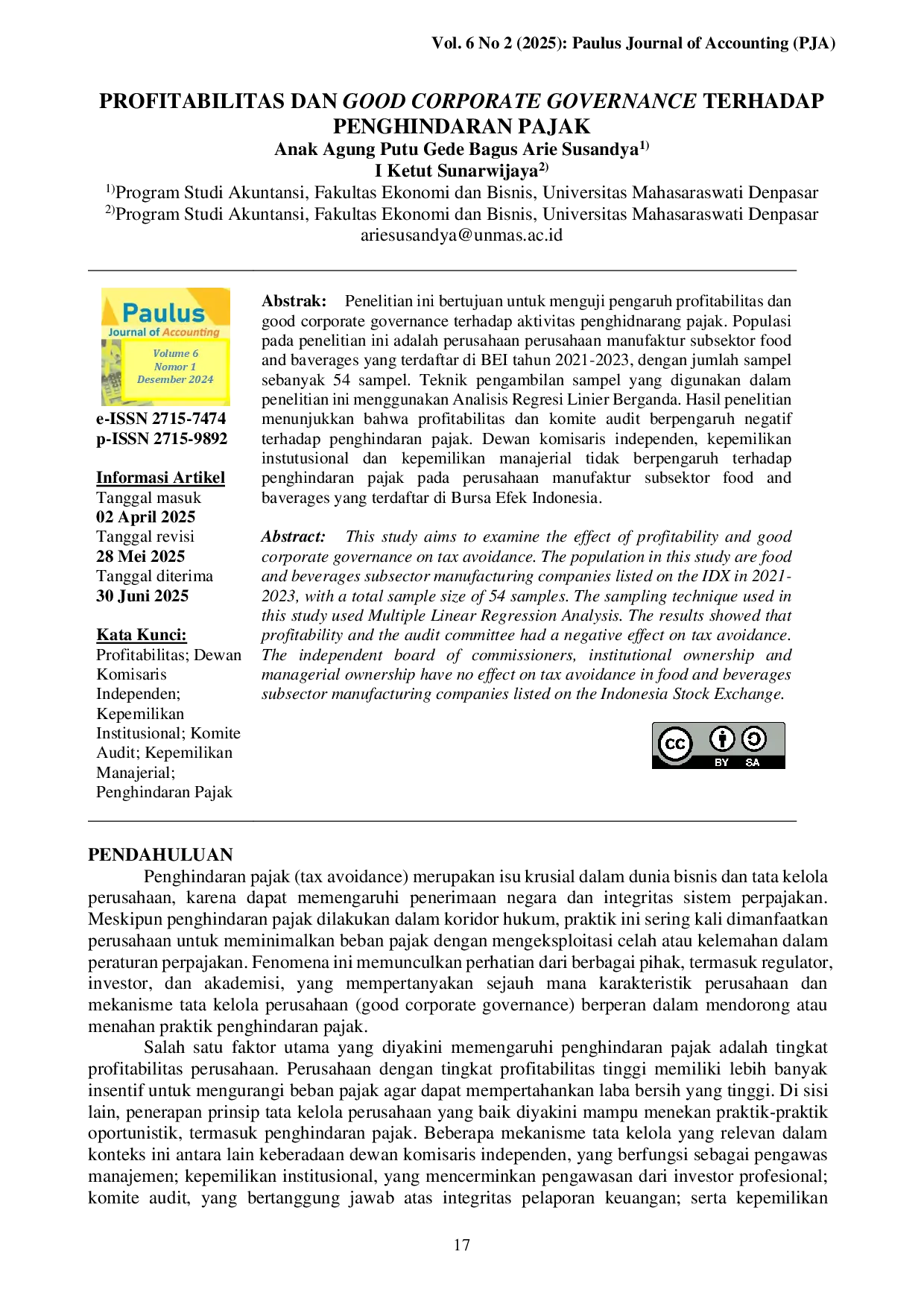 juris Profitabilitas dan Good Corporate Governance Terhadap Penghindaran Pajak