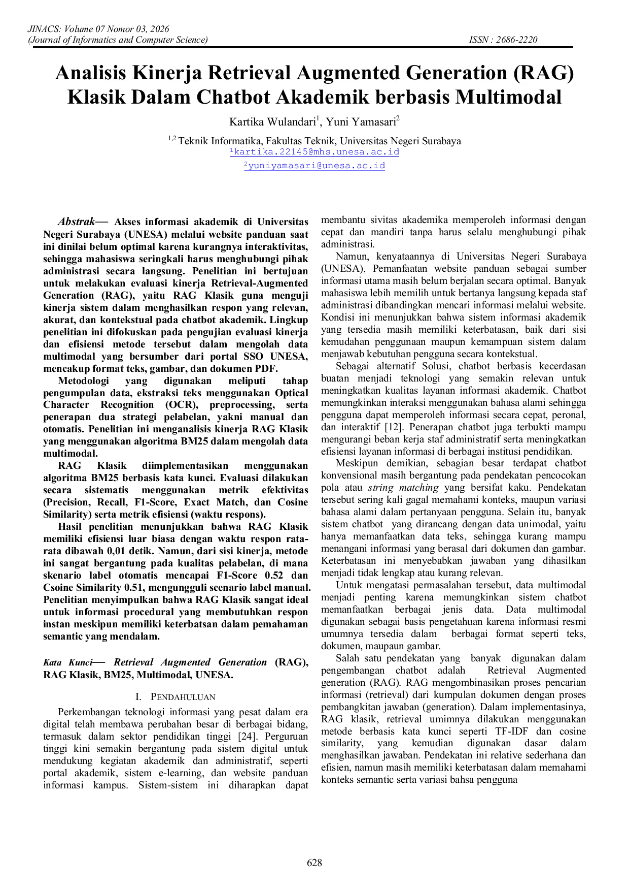 JURIS Analisis Kinerja Retrieval Augmented Generation RAG Klasik Dalam Chatbot Akademik berbasis Multimodal