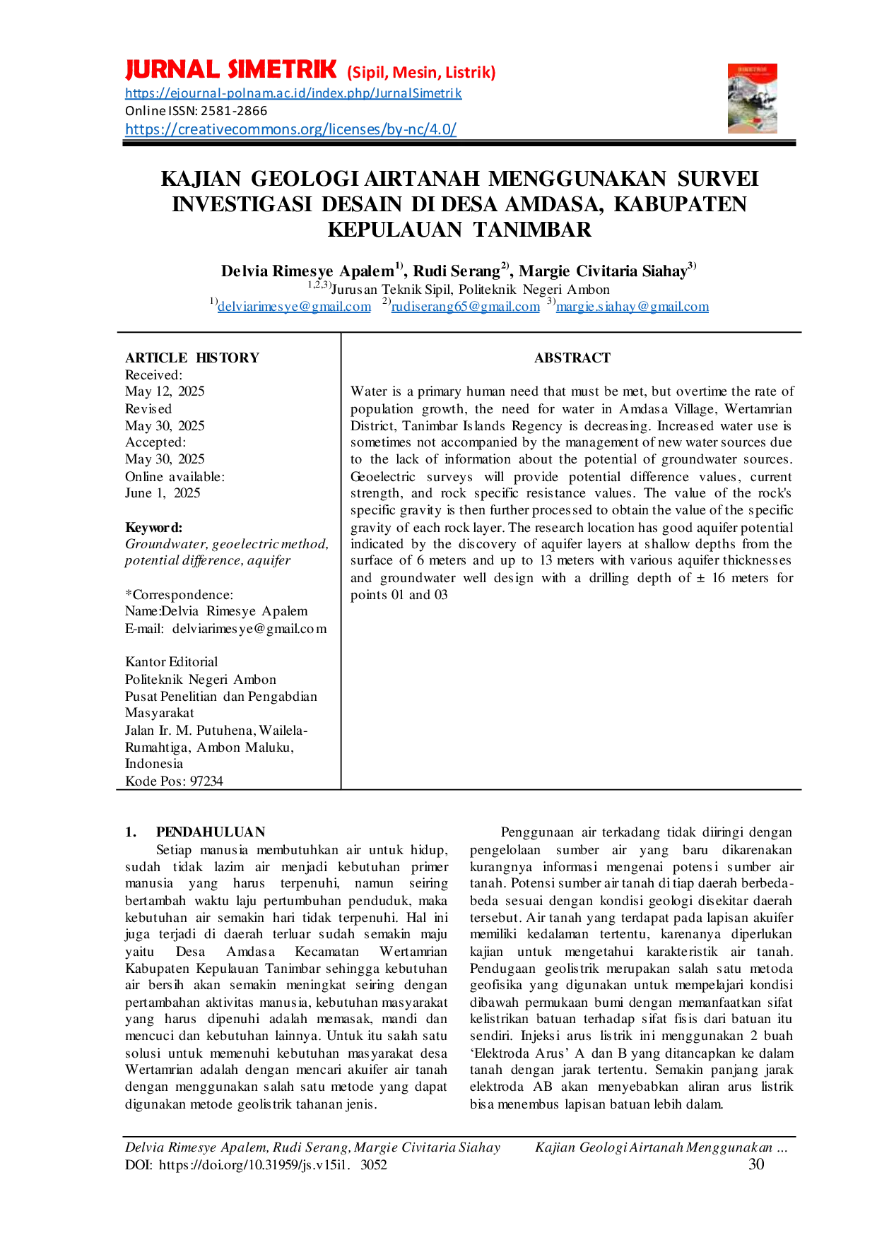 JURIS KAJIAN GEOLOGI AIRTANAH MENGGUNAKAN SURVEI INVESTIGASI DESAIN DI DESA AMDASA KABUPATEN KEPULAUAN TANIMBAR