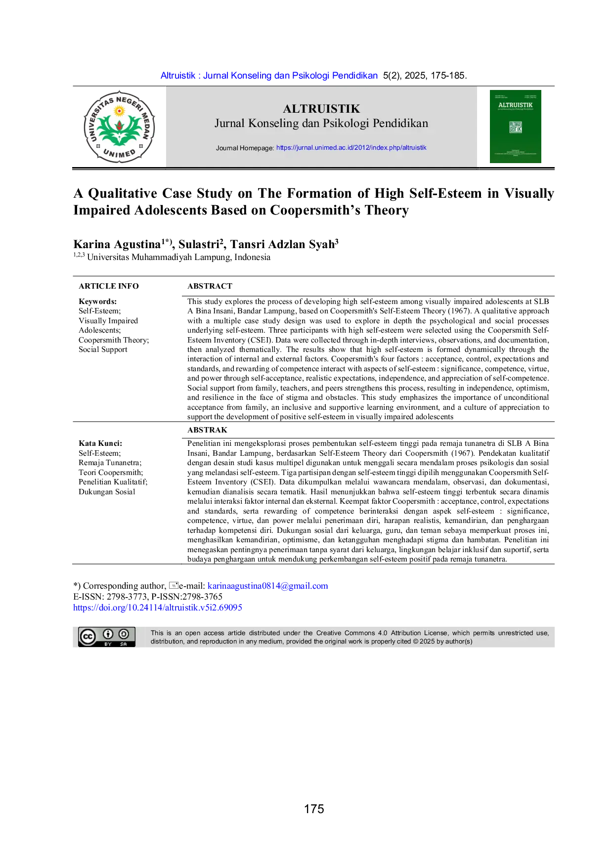JURIS A Qualitative Case Study on The Formation of High Self Esteem in Visually Impaired Adolescents Based on Coopersmith s Theory