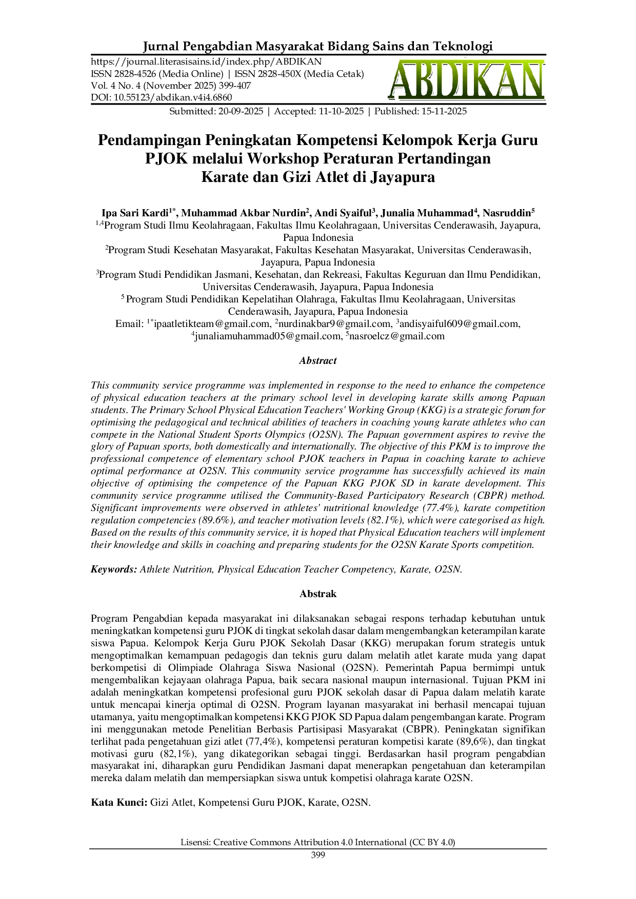 JURIS Pendampingan Peningkatan Kompetensi Kelompok Kerja Guru PJOK melalui Workshop Peraturan Pertandingan Karate dan Gizi Atlet di Jayapura