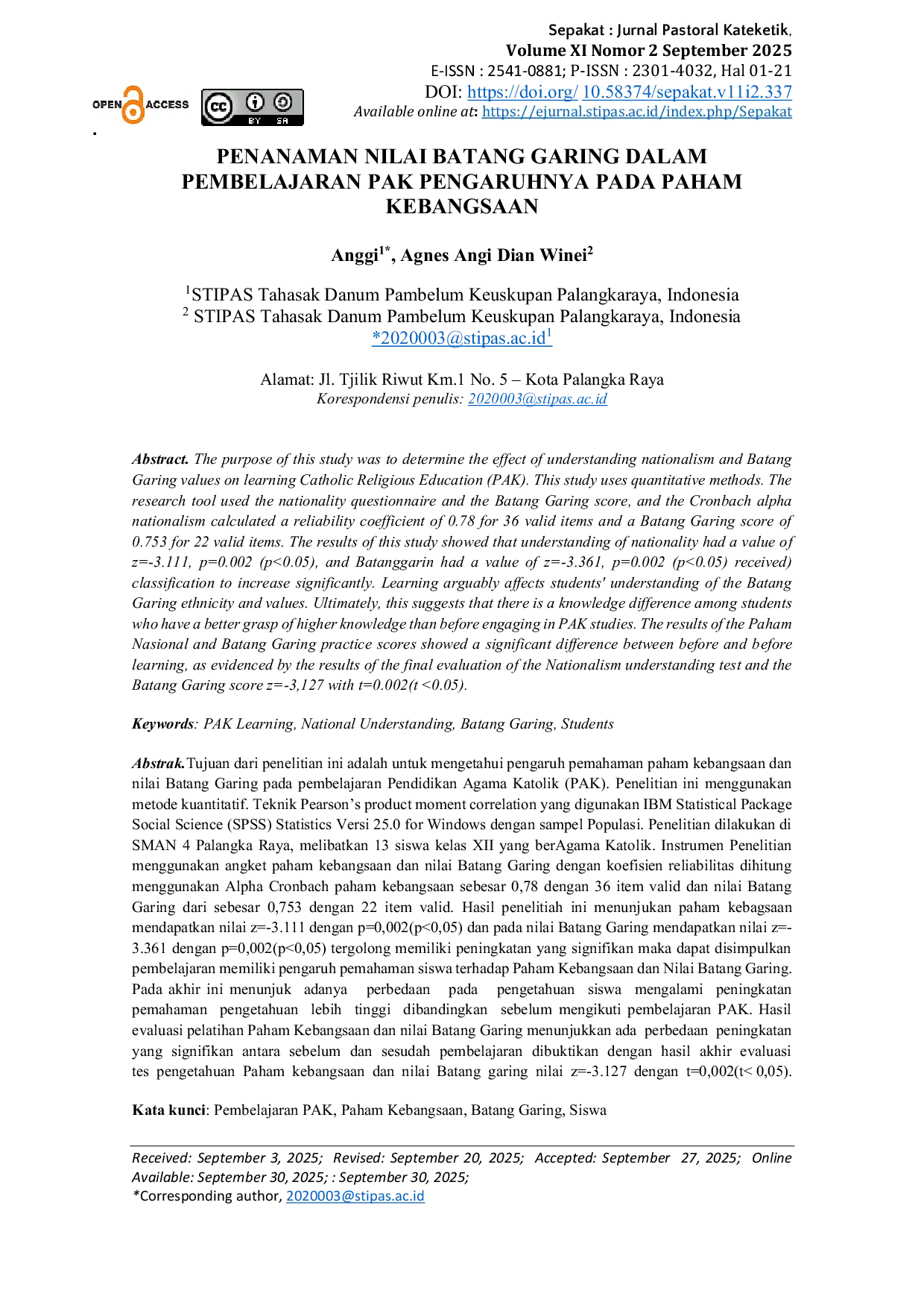 JURIS Penanaman Nilai Batang Garing Dalam Pembelajaran PAK Pengaruhnya Pada Komitmen Kebangsaan