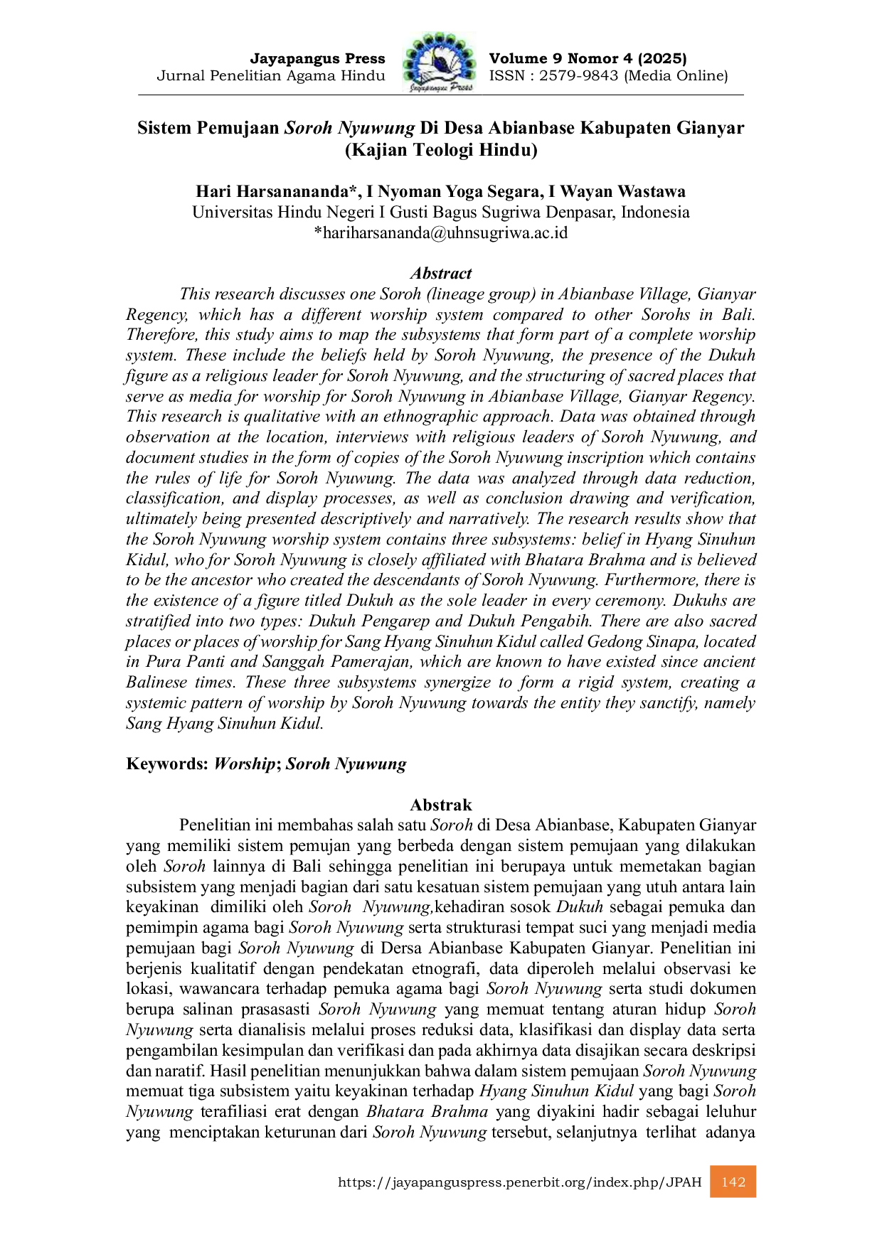 JURIS Sistem Pemujaan Soroh Nyuwung Di Desa Abianbase Kabupaten Gianyar Kajian Teologi Hindu