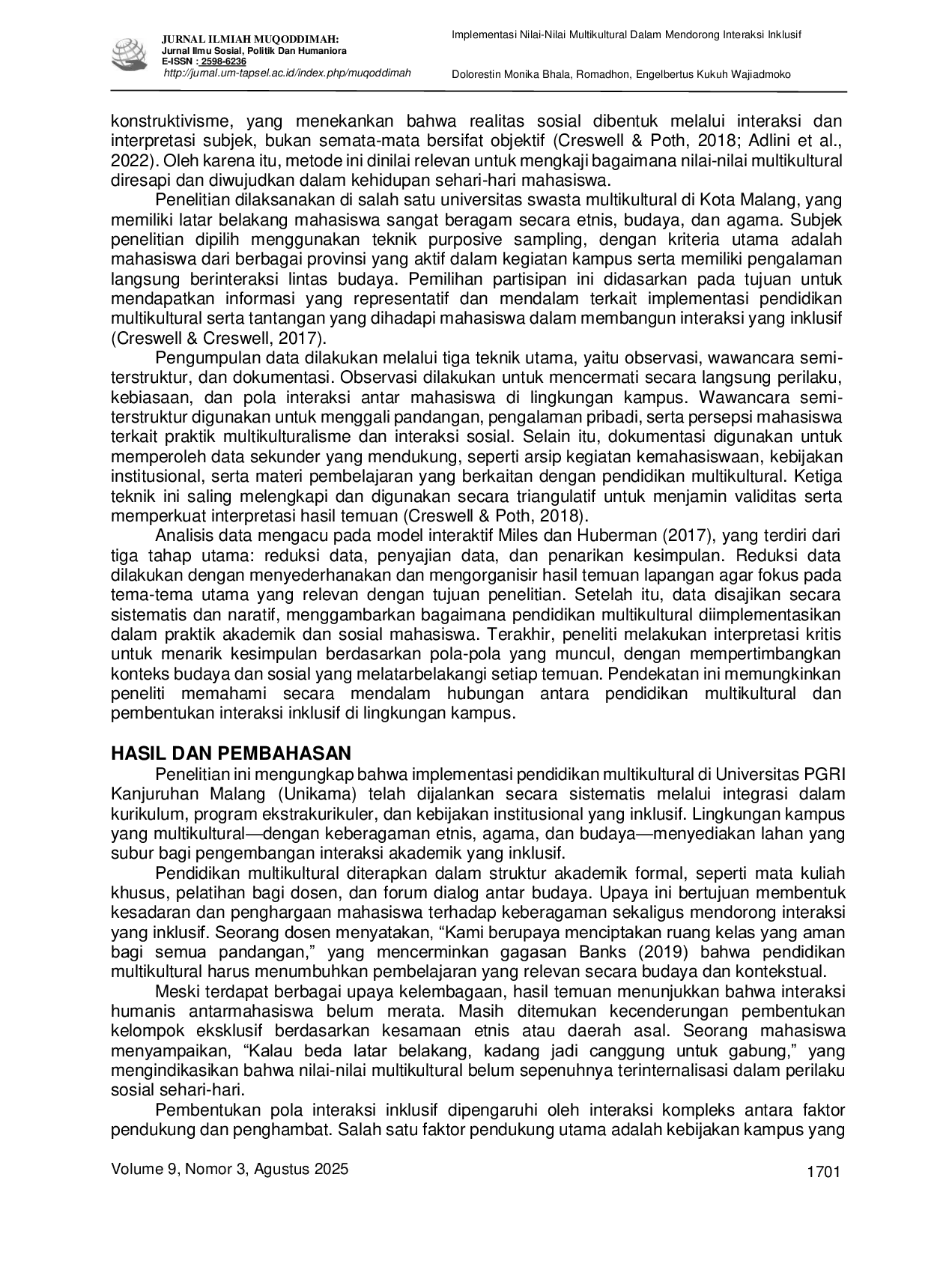 JURIS Implementasi Nilai Nilai Multikultural Dalam Mendorong Interaksi Inklusif