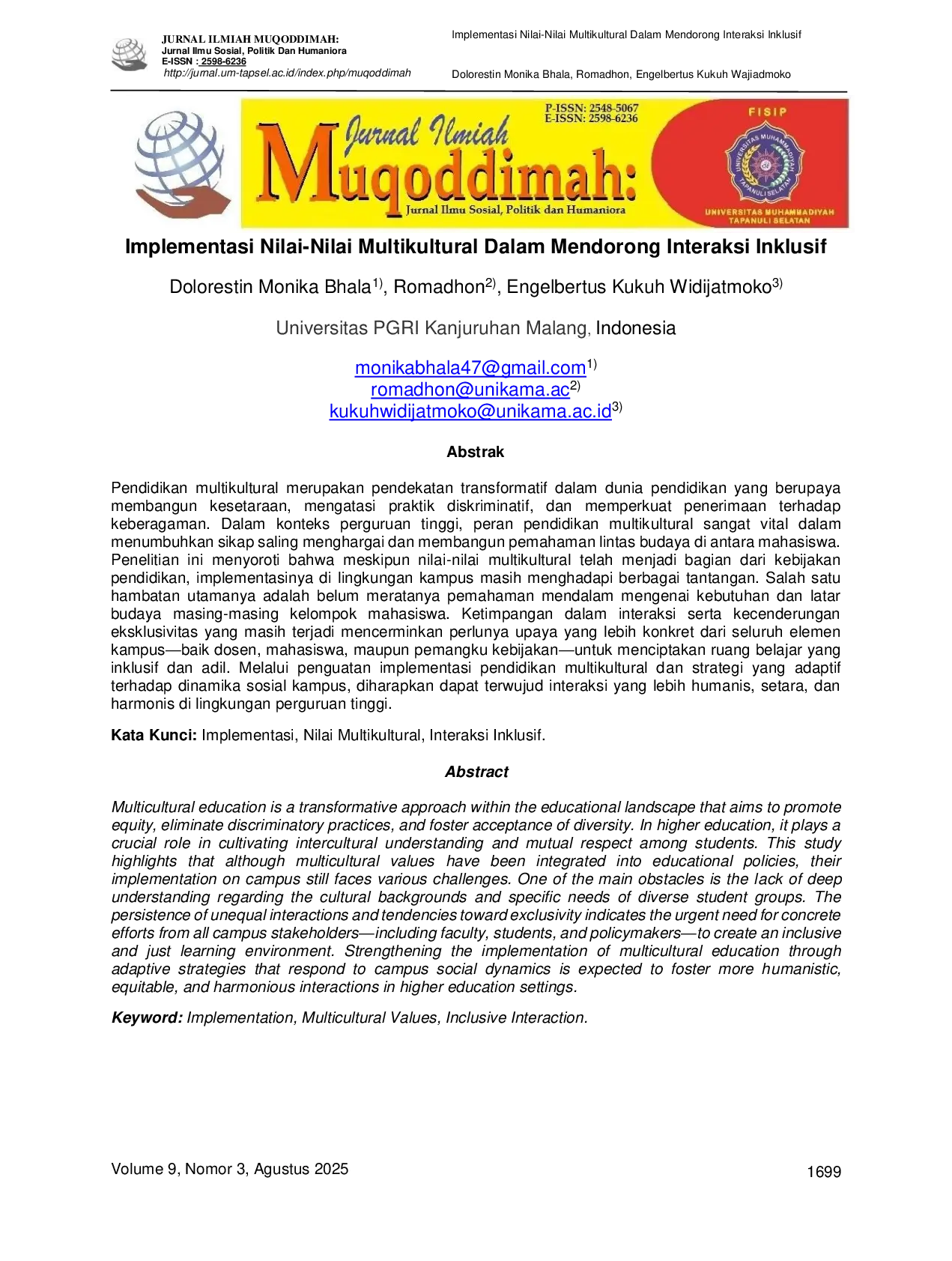 JURIS Implementasi Nilai Nilai Multikultural Dalam Mendorong Interaksi Inklusif