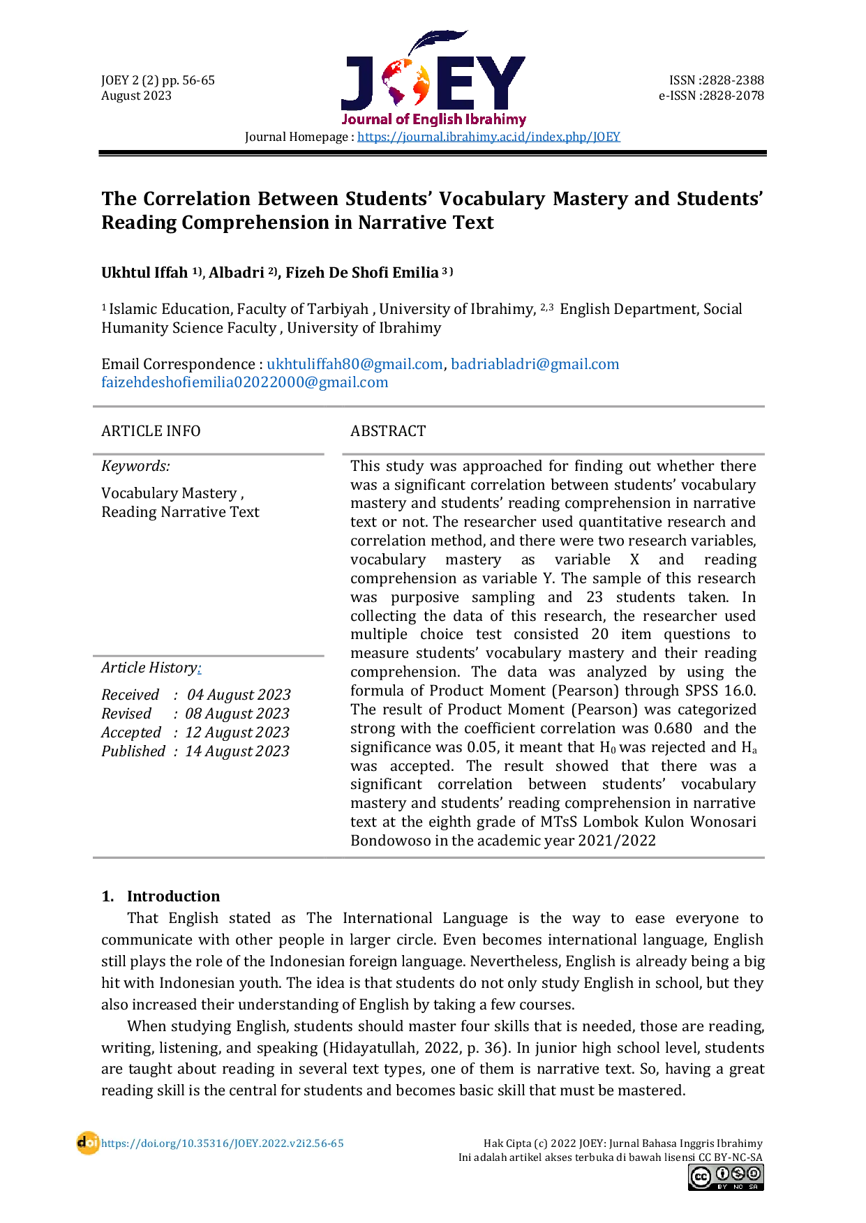 JURIS The Correlation Between Students Vocabulary Mastery and Students Reading Comprehension in Narrative Text English