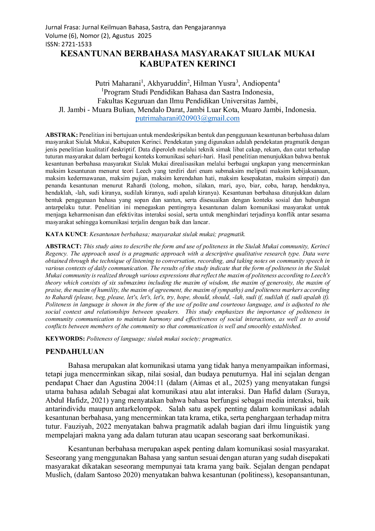 JURIS Kesantunan berbahasa masyarakat siulak mukai kabupaten kerinci