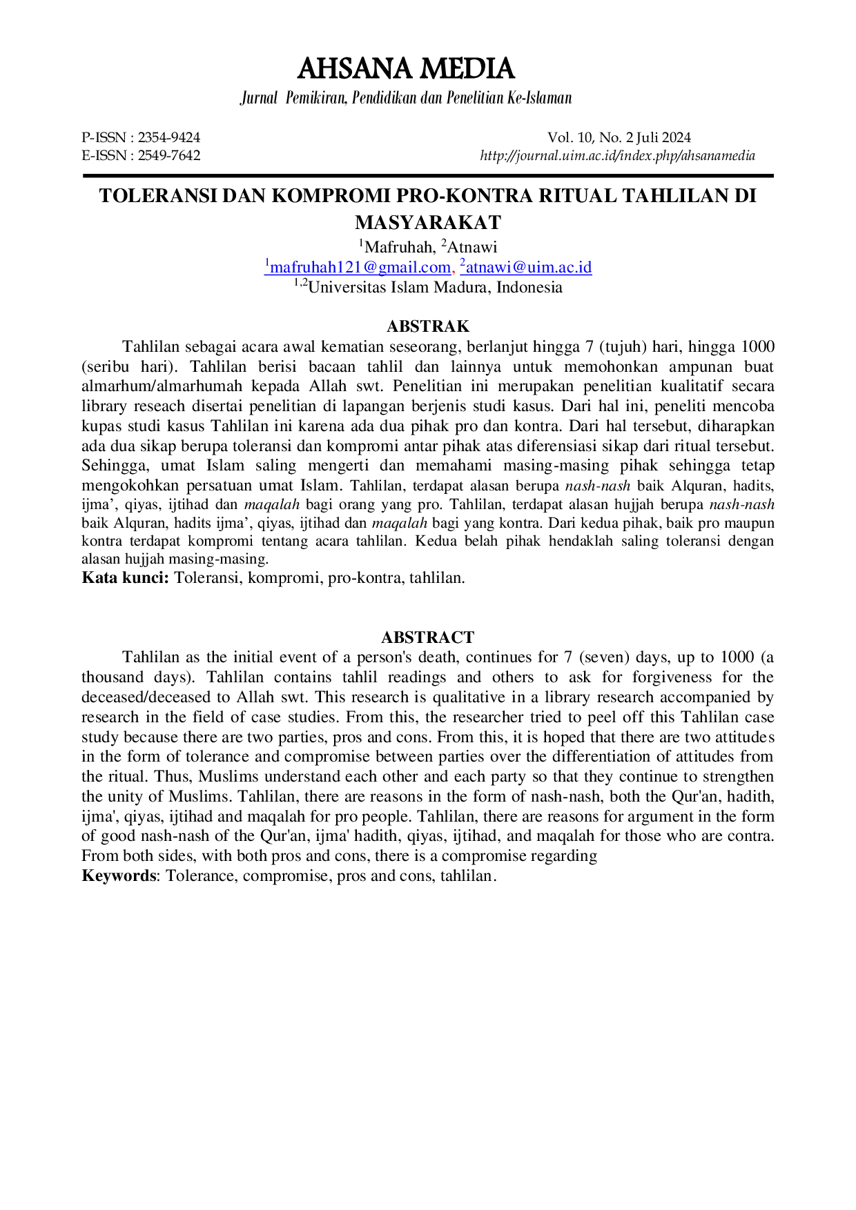JURIS Toleransi dan Kompromi Pro Kontra Ritual Tahlilan di Masyarakat