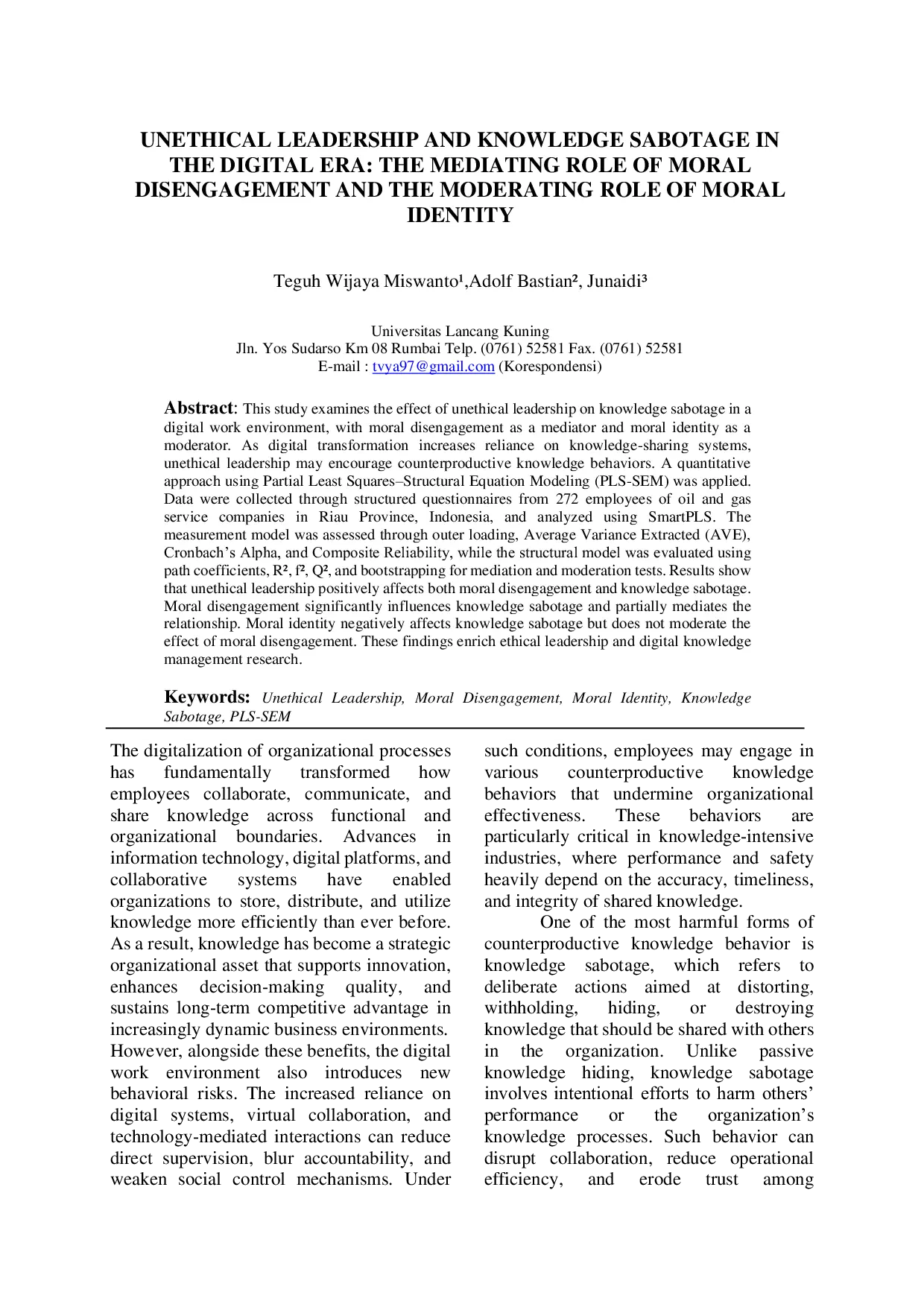 JURIS Unethical Leadership and Knowledge Sabotage in The Digital Era The Mediating Role of Moral Disengagement and The Moderating Role Of Moral Identity