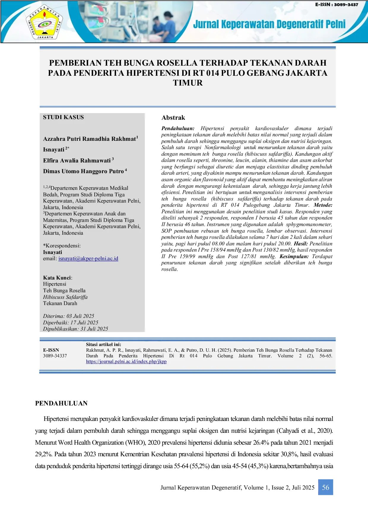 JURIS Pemberian Teh Bunga Rosella Terhadap Tekanan Darah Pada Penderita Hipertensi Di Rt 014 Pulogebang Jakarta Timur