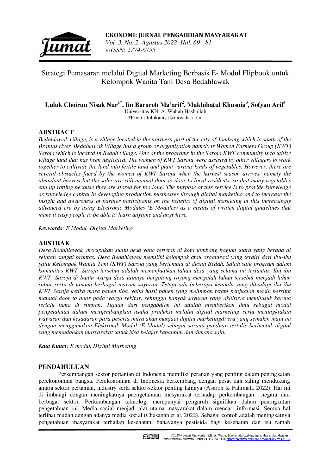 JURIS Strategi Pemasaran melalui Digital Marketing Berbasis E Modul Flipbook untuk Kelompok Wanita Tani Desa Bedahlawak
