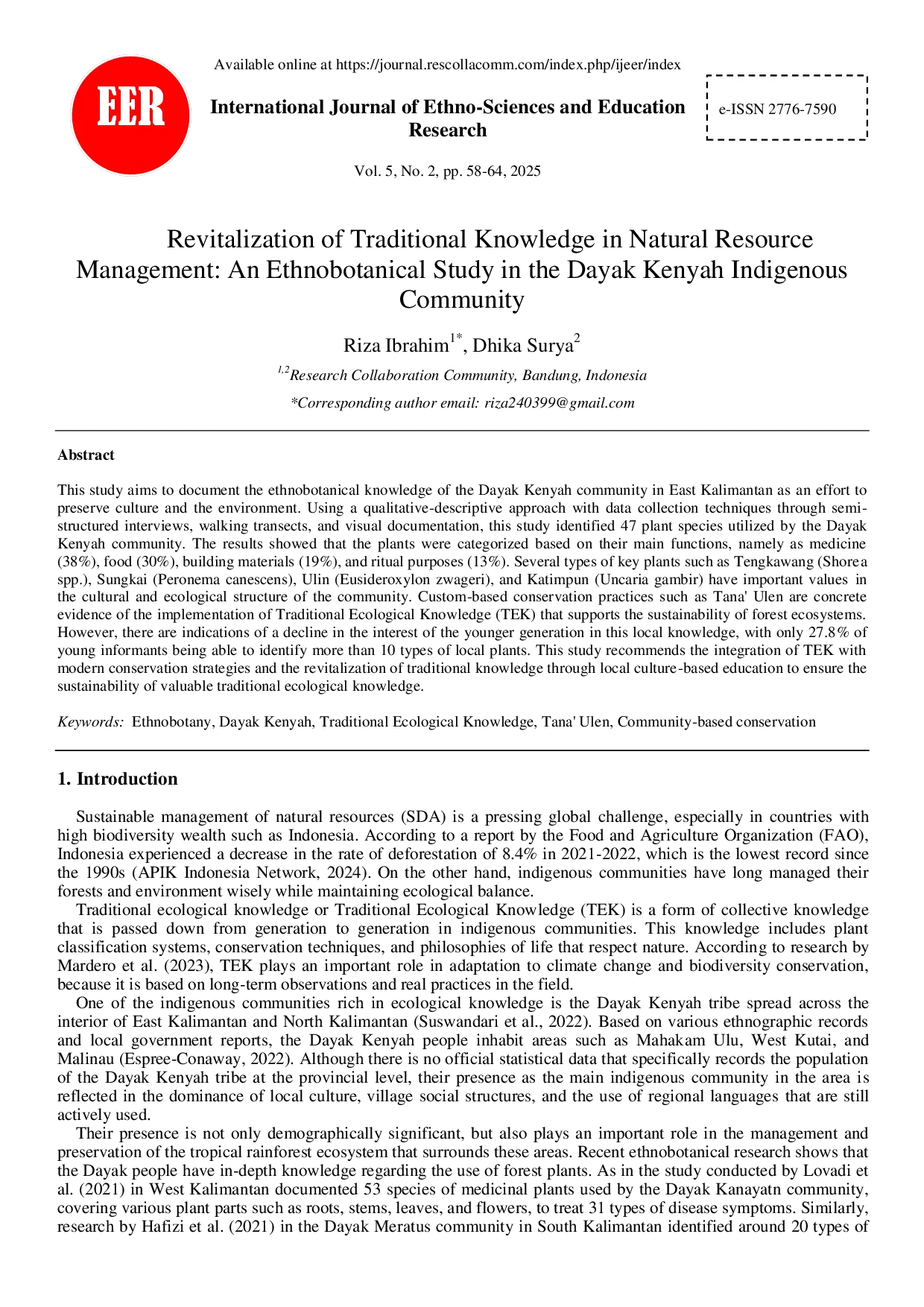JURIS Revitalization of Traditional Knowledge in Natural Resource Management An Ethnobotanical Study in the Dayak Kenyah Indigenous Community