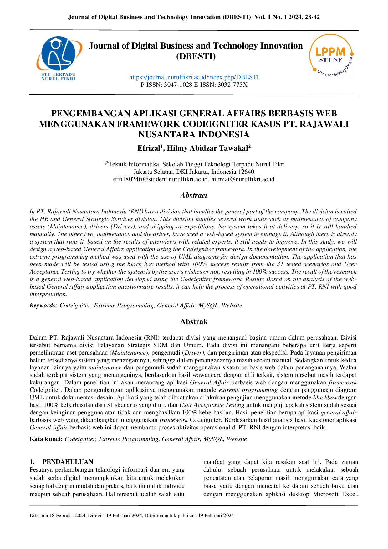 JURIS Pengembangan Aplikasi General Affairs Berbasis Web Menggunakan Framework CodeIgniter Kasus PT Rajawali Nusantara Indonesia