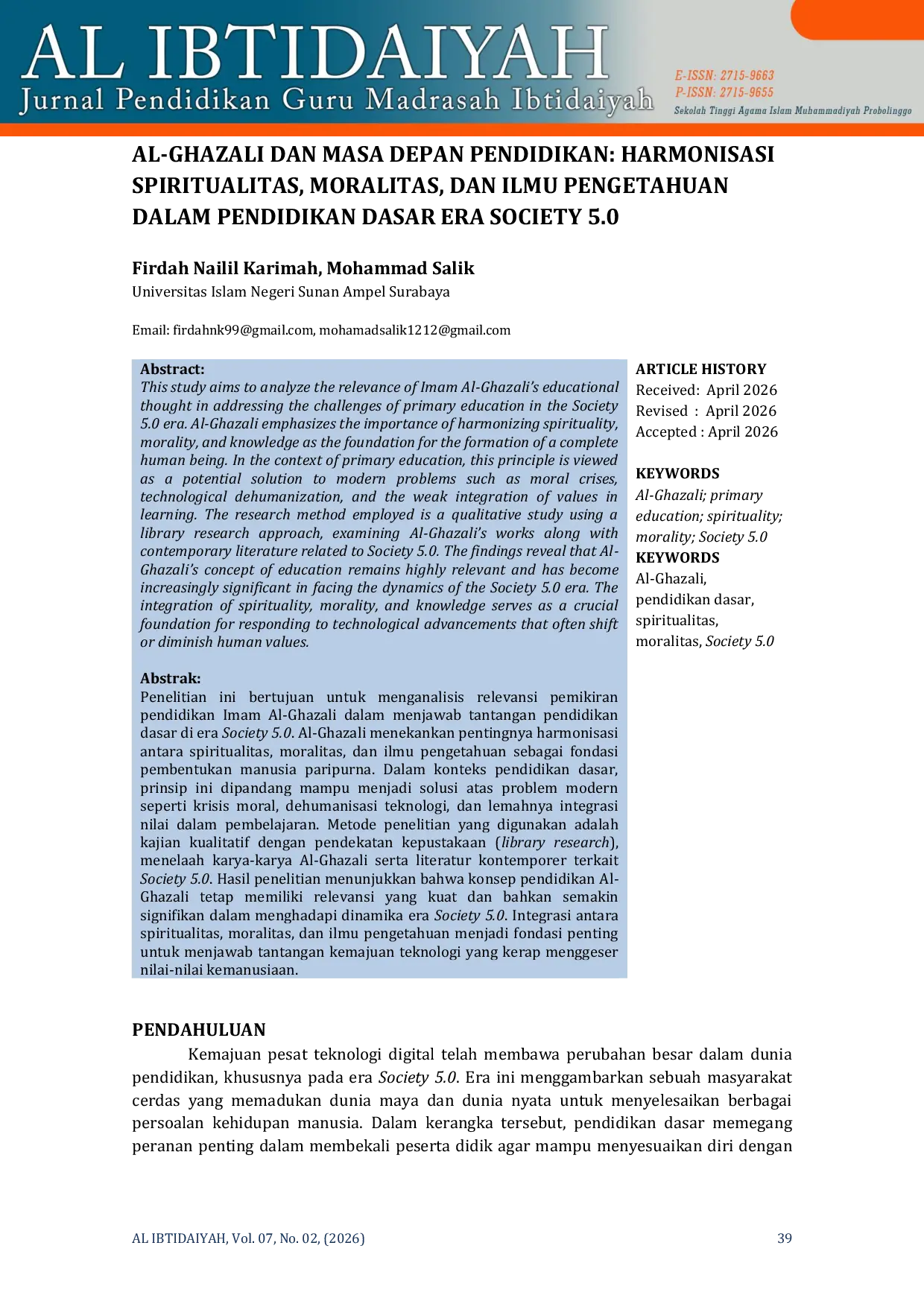 JURIS Al Ghazali dan Masa Depan Pendidikan Harmonisasi Spiritualitas Moralitas dan Ilmu Pengetahuan dalam Pendidikan Dasar Era Society 5 0