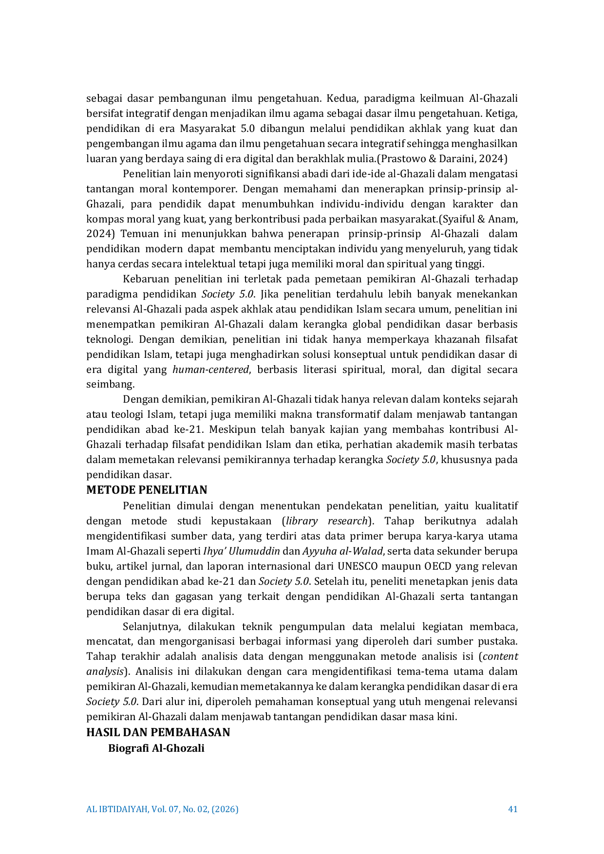 JURIS Al Ghazali dan Masa Depan Pendidikan Harmonisasi Spiritualitas Moralitas dan Ilmu Pengetahuan dalam Pendidikan Dasar Era Society 5 0