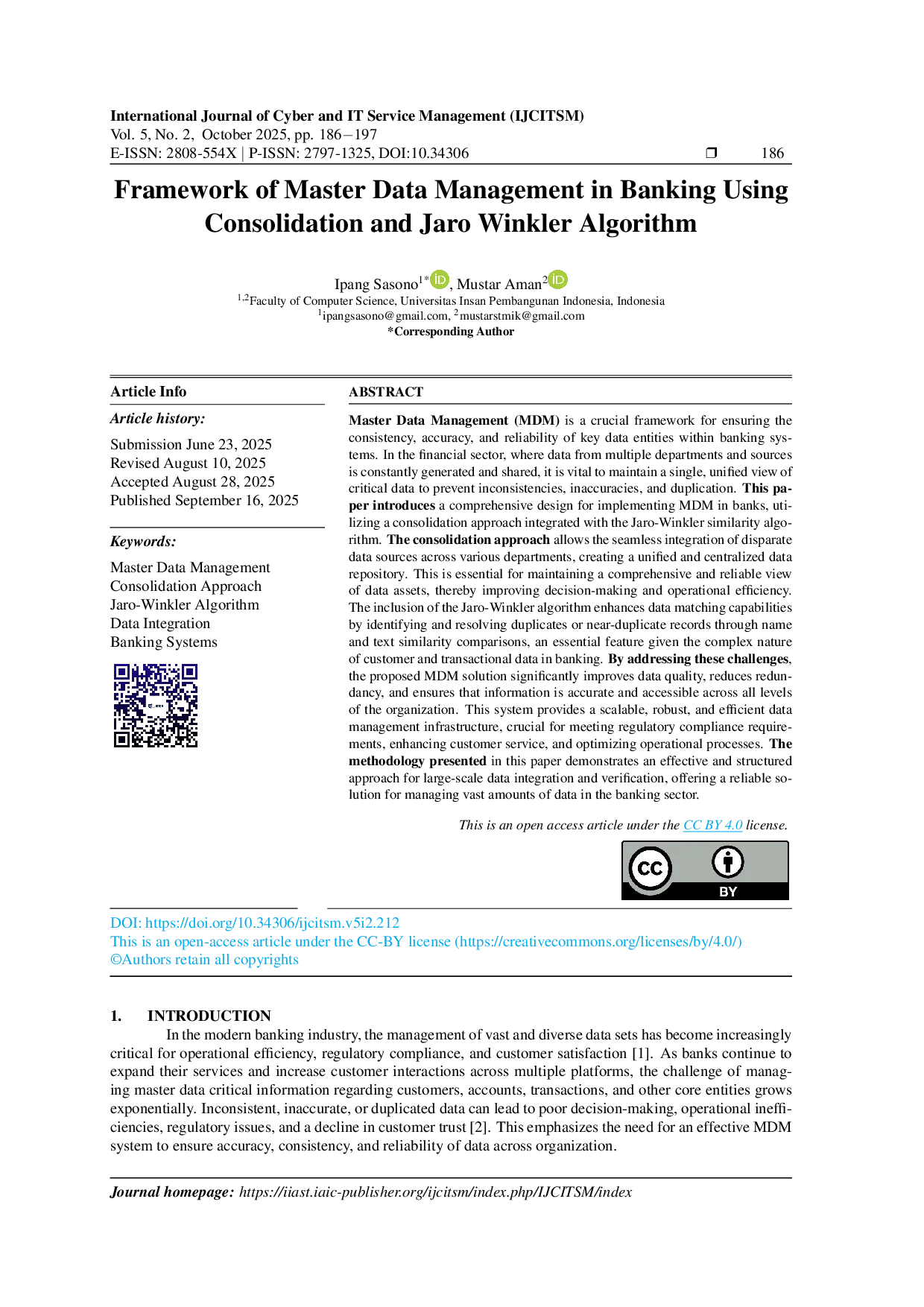 JURIS Framework Of Master Data Management In Banking Using Consolidation And Jaro Winkler Algorithm