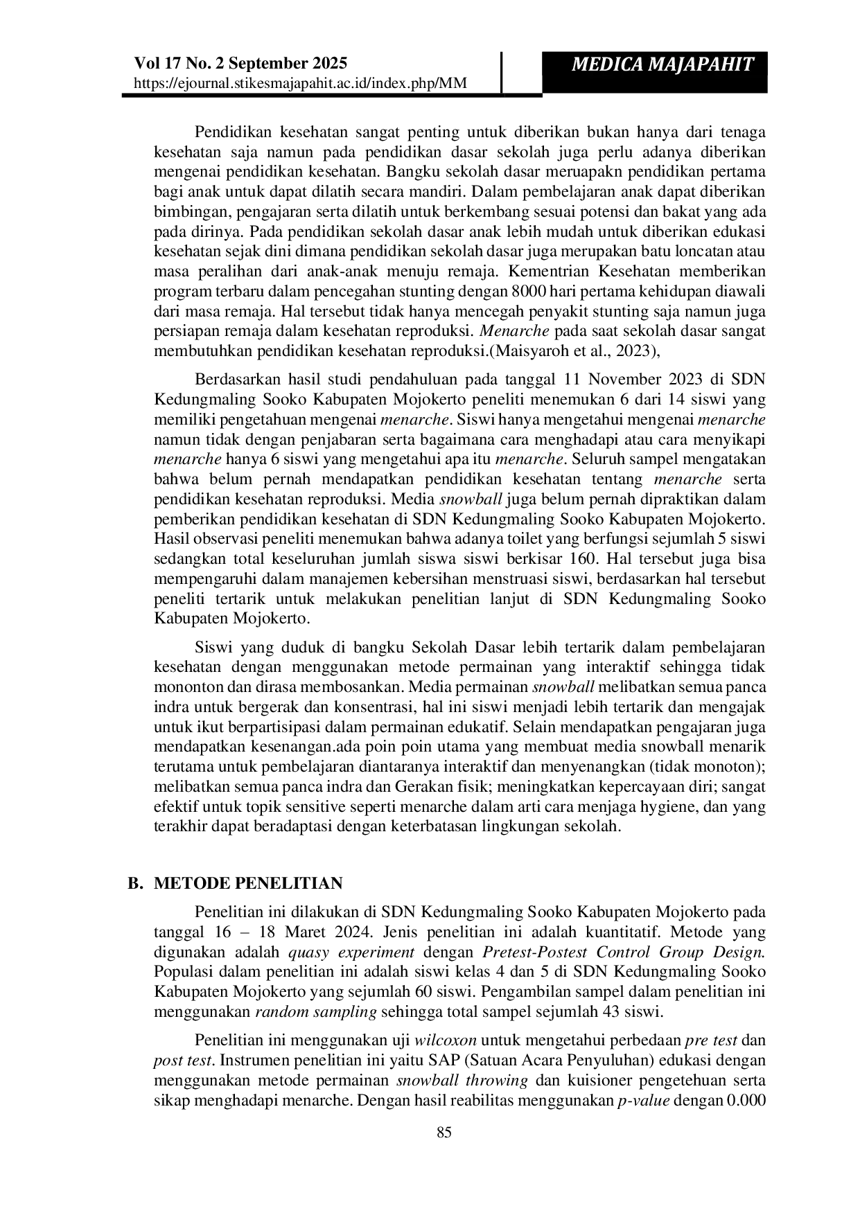 JURIS Pengaruh Permainan Snowball Terhadap Pengetahuan Tentang Menarche Pada Siswi Kelas 4 Dan 5