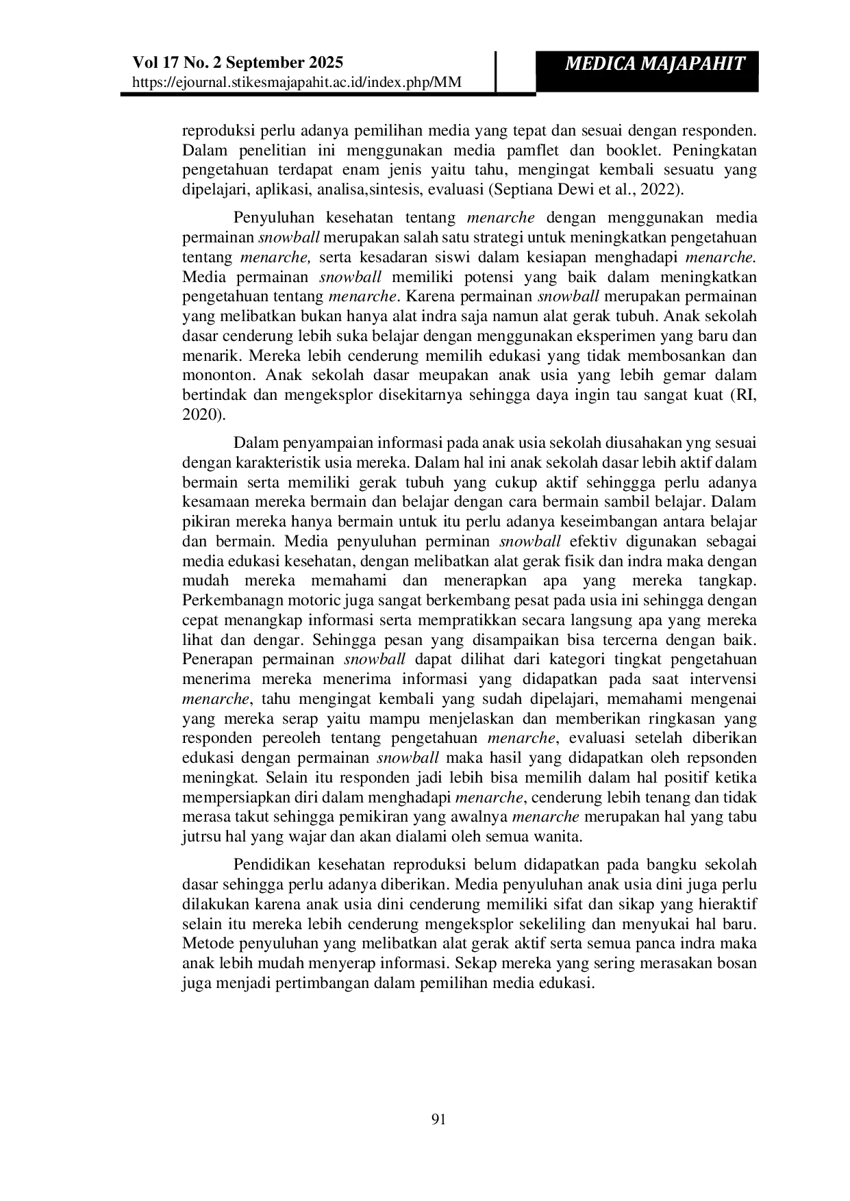 JURIS Pengaruh Permainan Snowball Terhadap Pengetahuan Tentang Menarche Pada Siswi Kelas 4 Dan 5