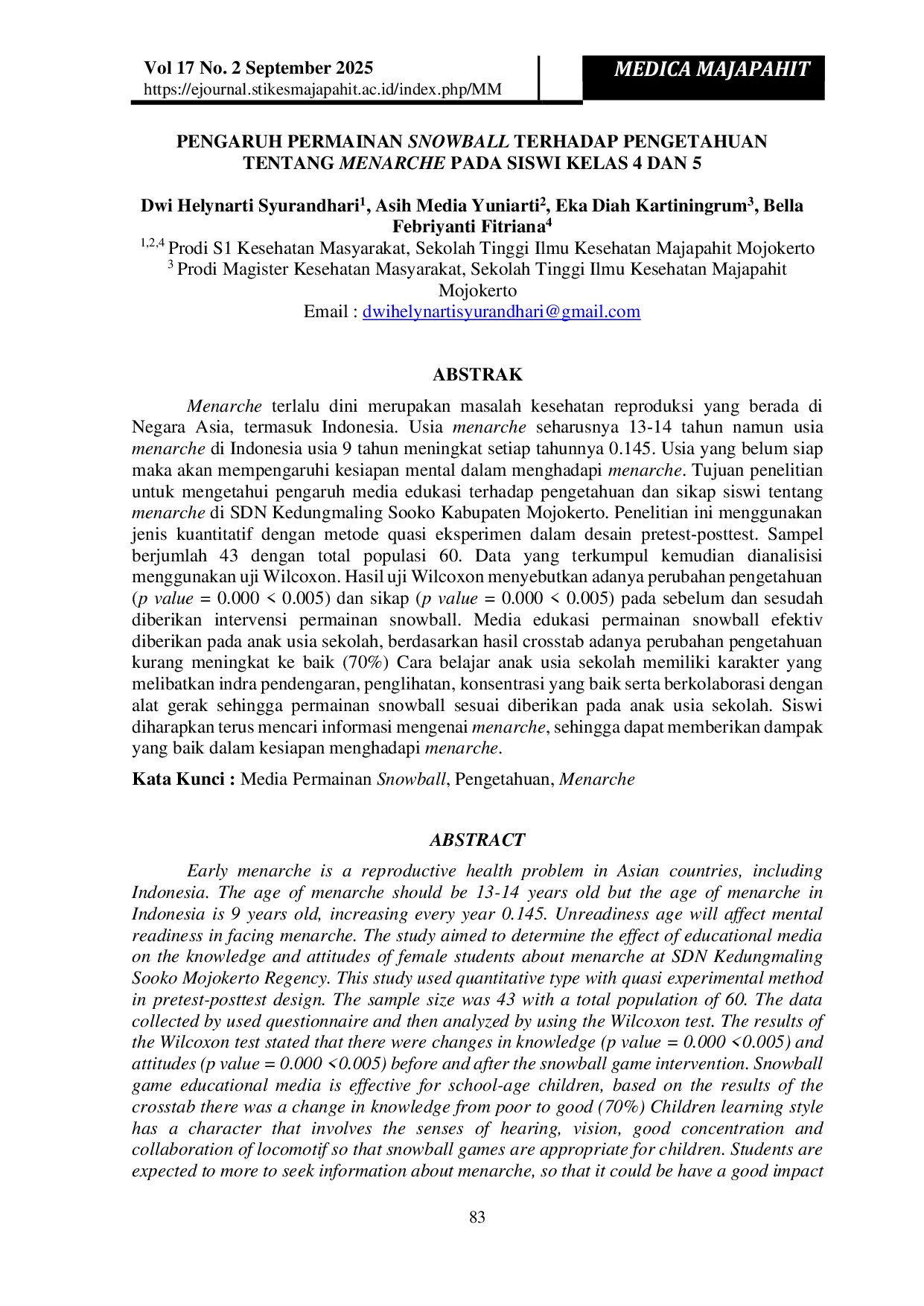 JURIS Pengaruh Permainan Snowball Terhadap Pengetahuan Tentang Menarche Pada Siswi Kelas 4 Dan 5