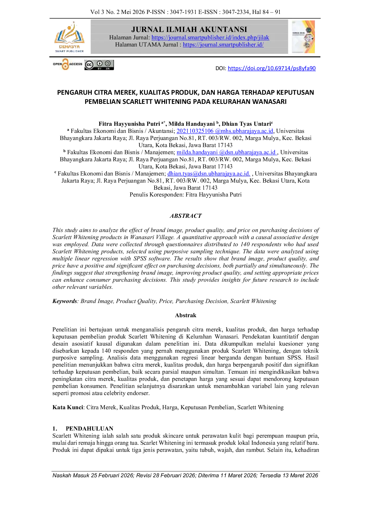 JURIS Pengaruh Citra Merek Kualitas Produk Dan Harga Terhadap Keputusan Pembelian Scarlett Whitening Pada Kelurahan Wanasari