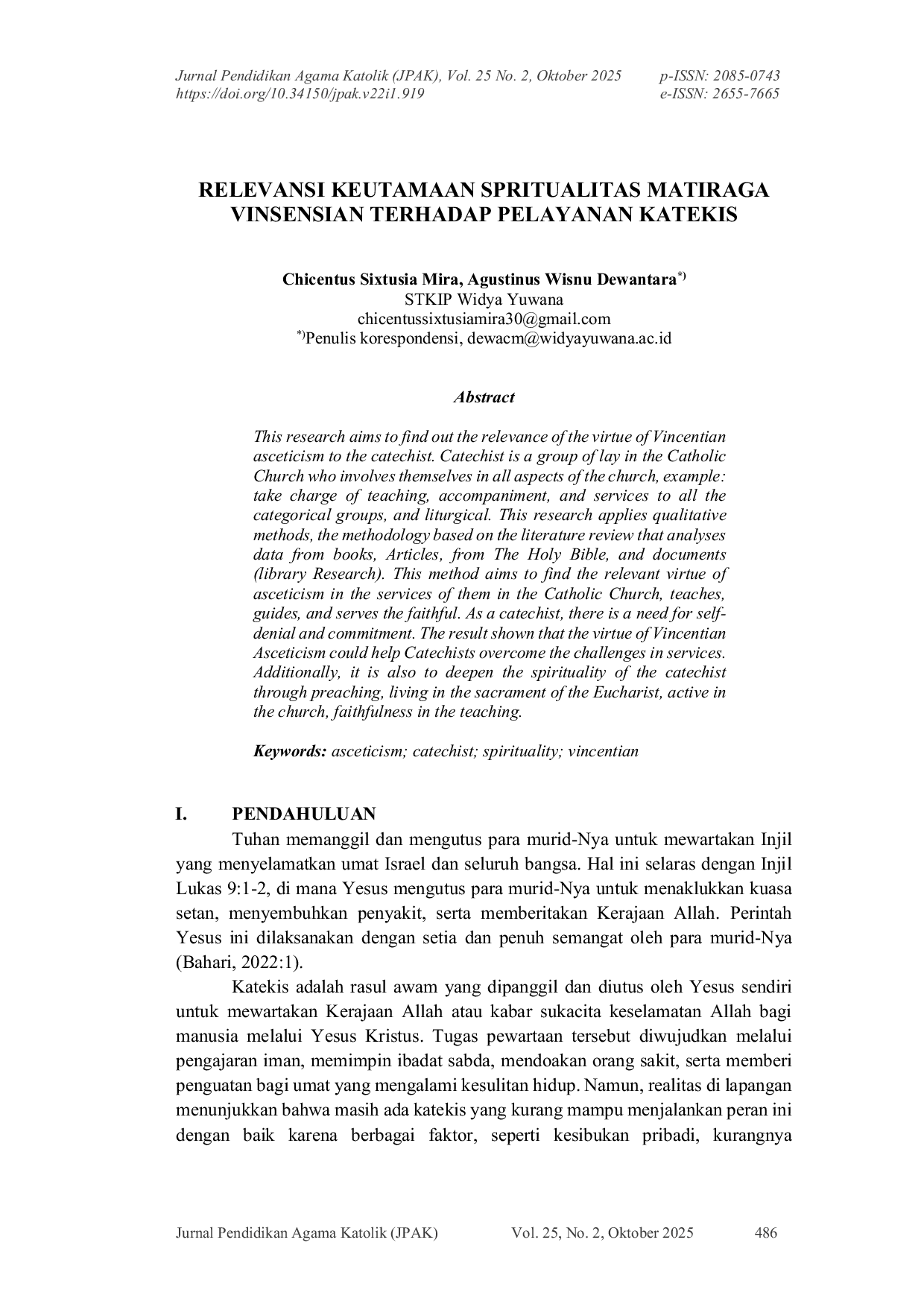 JURIS Relevansi Keutamaan Spiritualitas Matiraga Vinsensian Terhadap Pelayanan Katekis