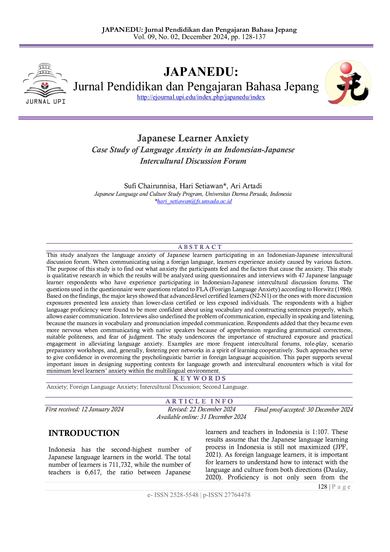 JURIS Japanese Learner Anxiety Case Study of Language Anxiety in an Indonesian Japanese Intercultural Discussion Forum